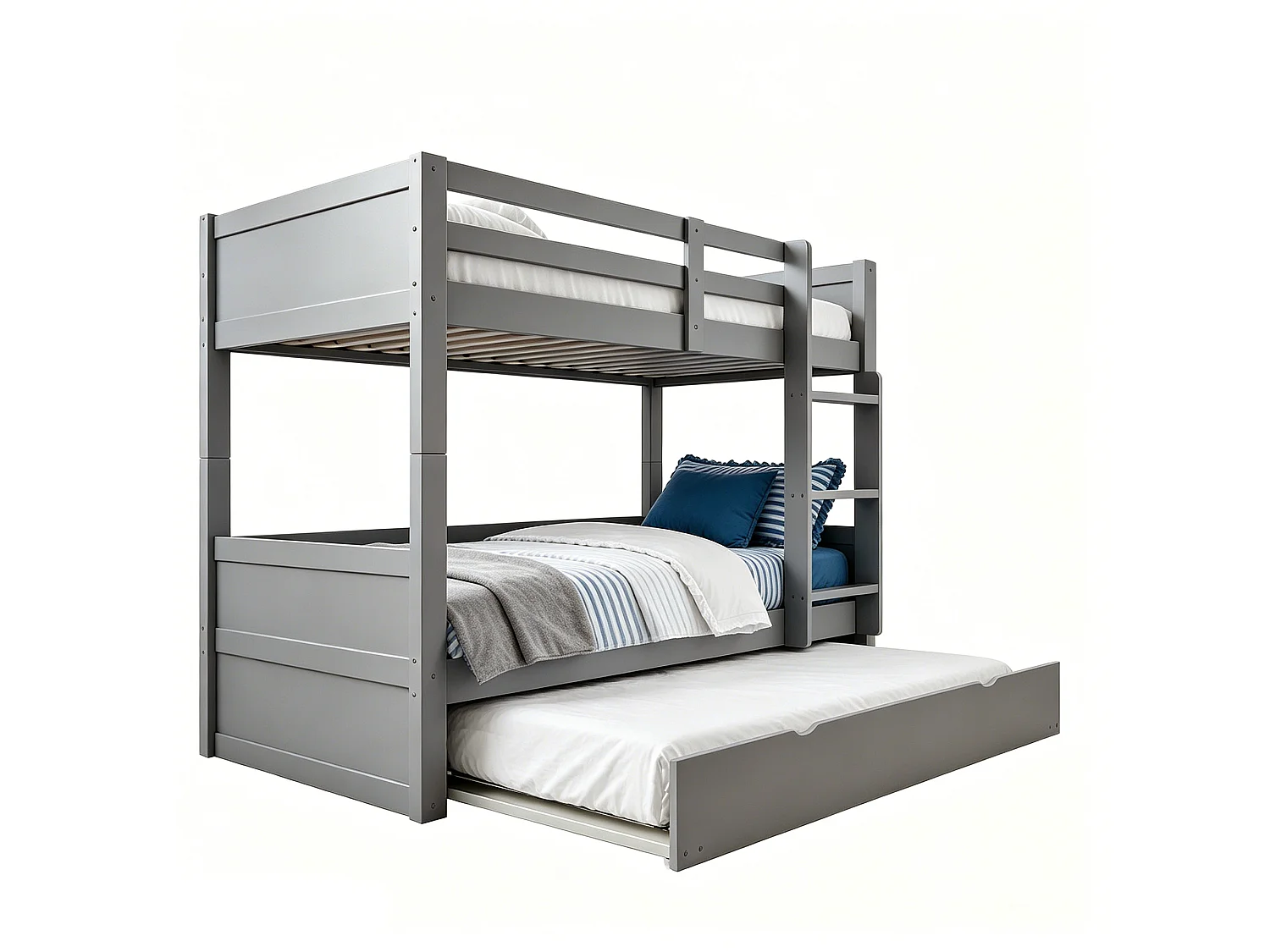 Lit superposé enfant 3 places - 90 x 200 cm - avec lit gigogne - convertible en lit simple - bois - gris