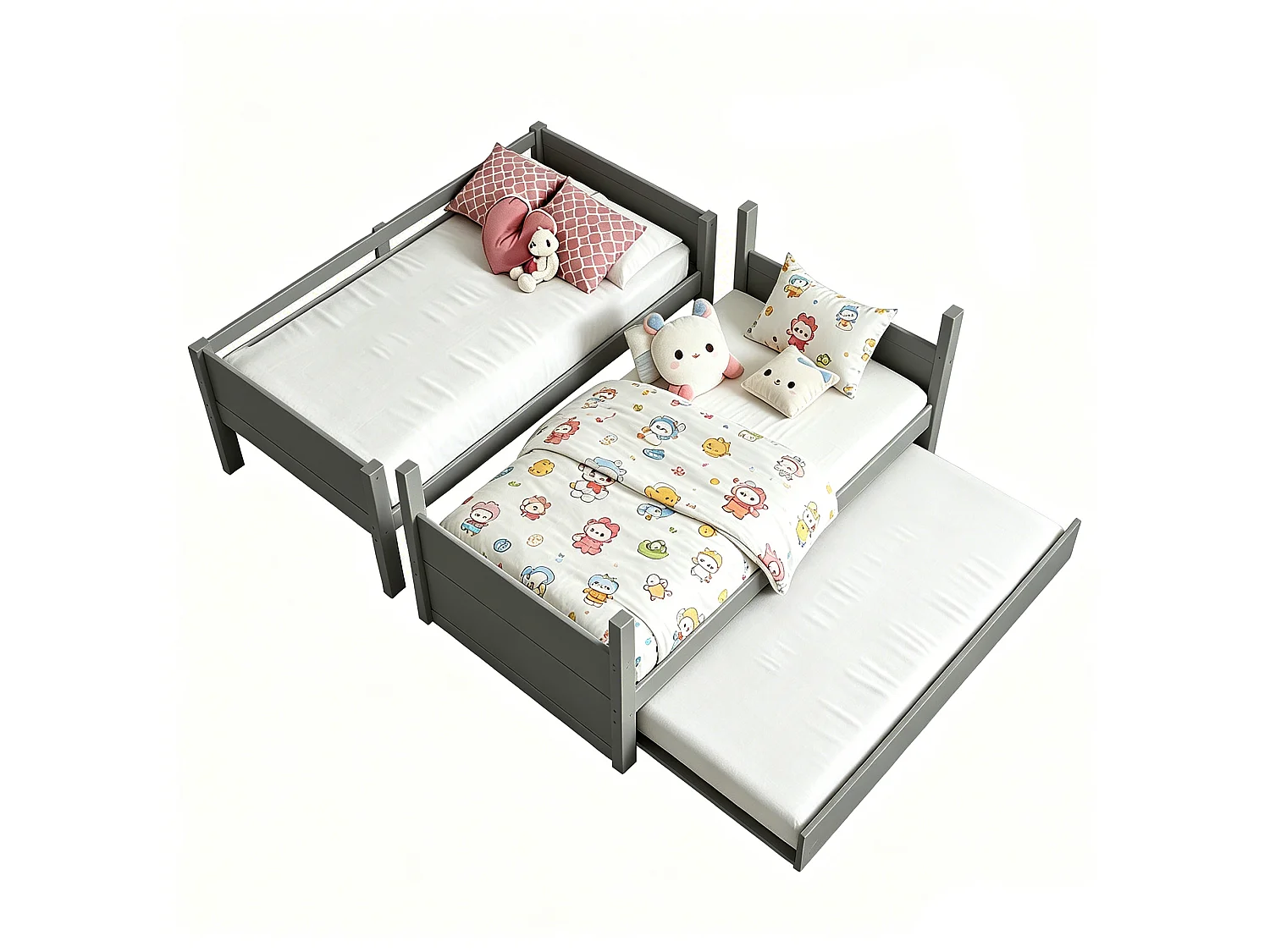 Lit superposé enfant 3 places - 90 x 200 cm - avec lit gigogne - convertible en lit simple - bois - gris