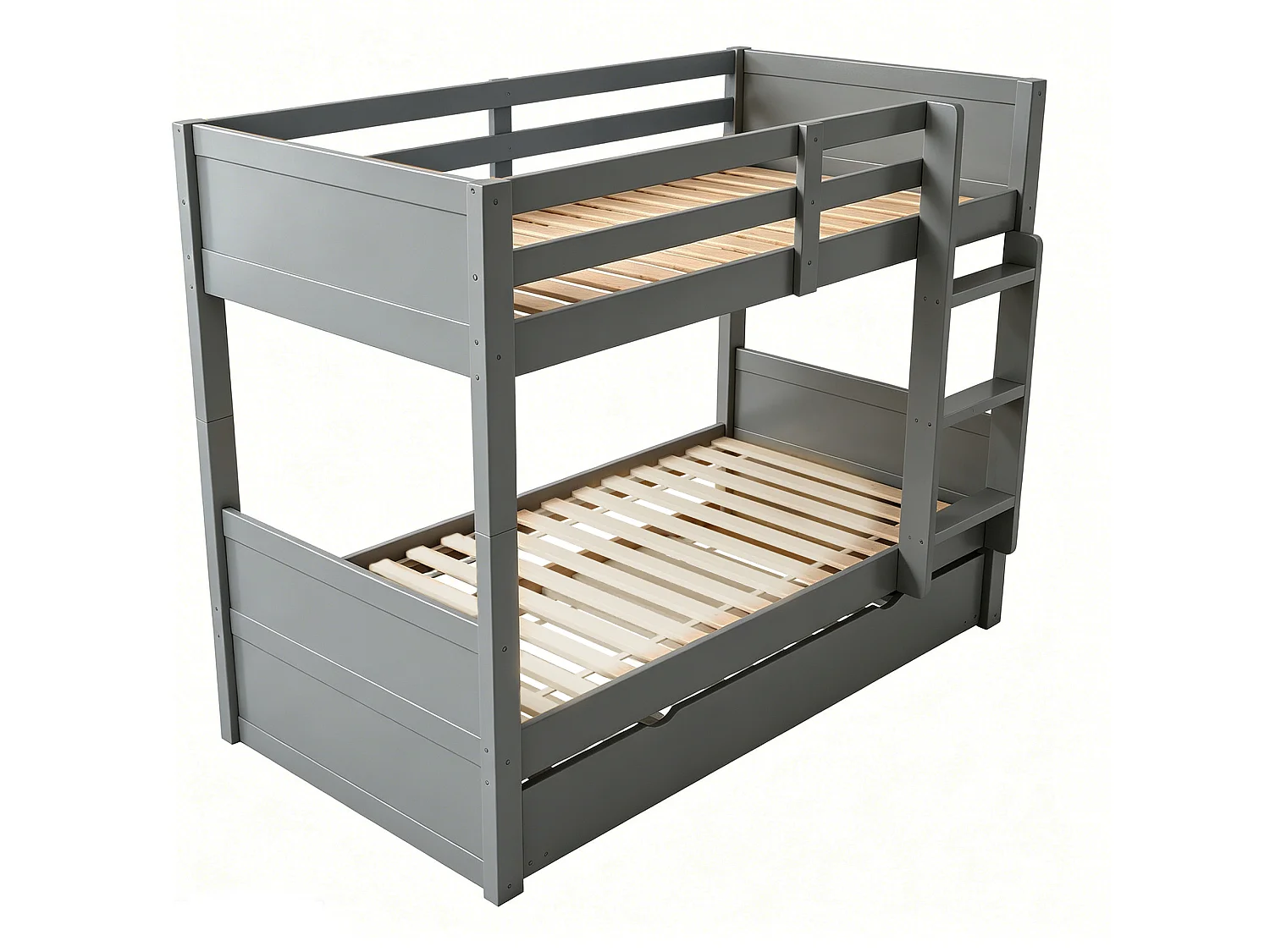 Lit superposé enfant 3 places - 90 x 200 cm - avec lit gigogne - convertible en lit simple - bois - gris