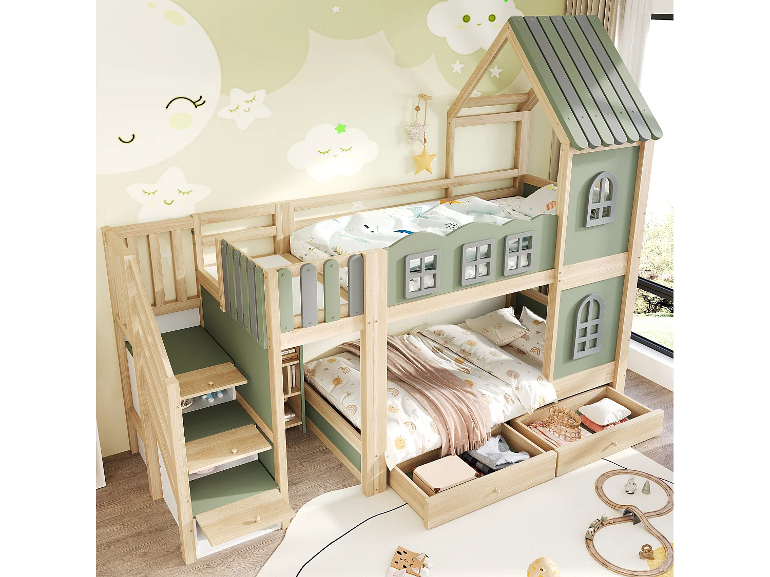 Lit superposé enfant - 2 x 90 x 200 cm - avec toit + fenêtres + escalier de rangement + étagères + tiroirs - bois - vert