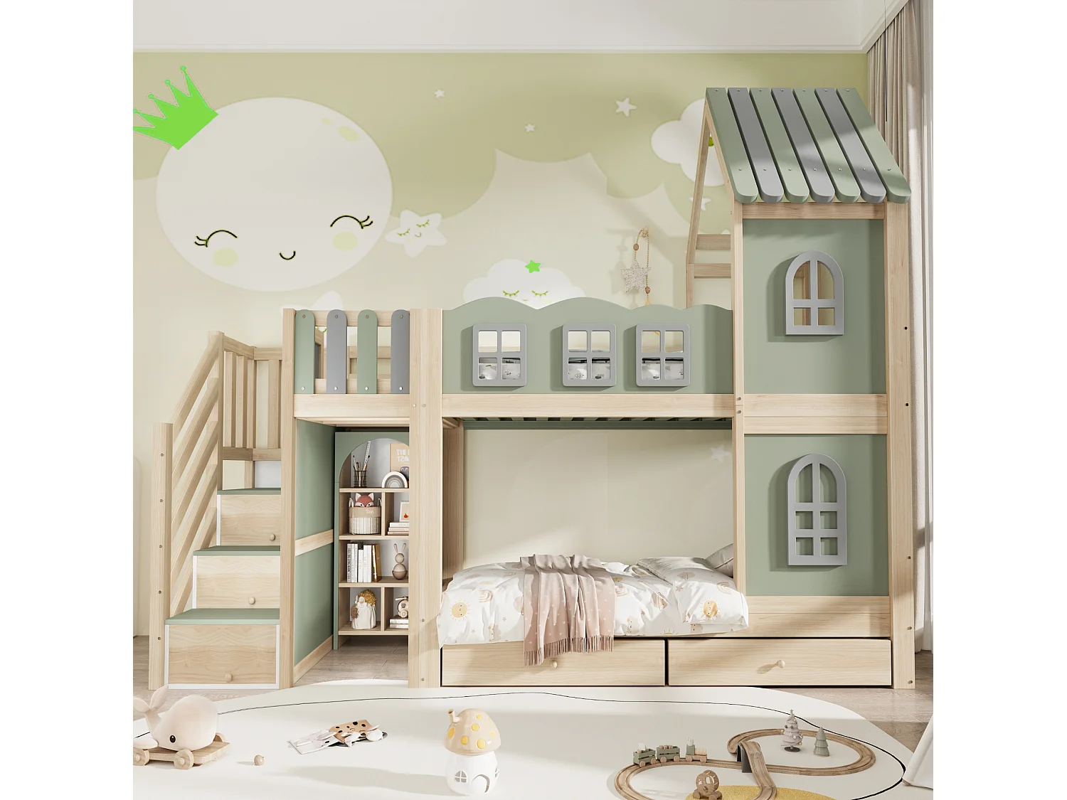 Lit superposé enfant - 2 x 90 x 200 cm - avec toit + fenêtres + escalier de rangement + étagères + tiroirs - bois - vert