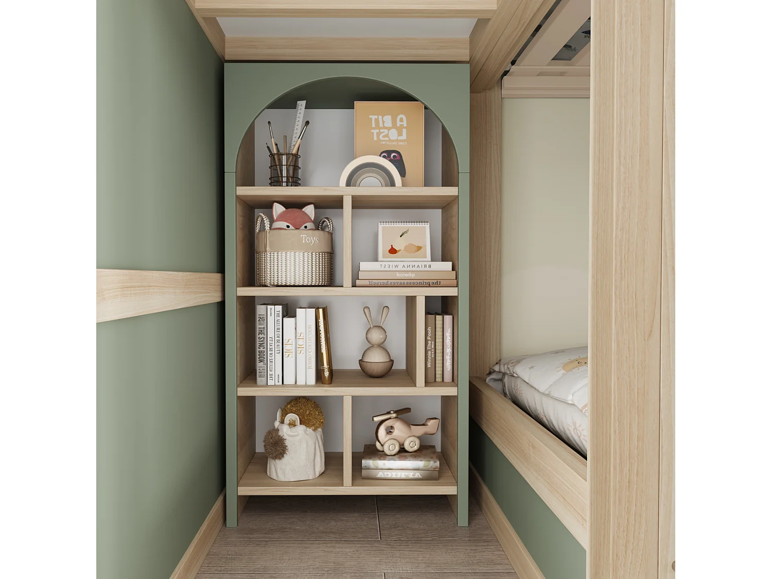 Lit superposé enfant - 2 x 90 x 200 cm - avec toit + fenêtres + escalier de rangement + étagères + tiroirs - bois - vert