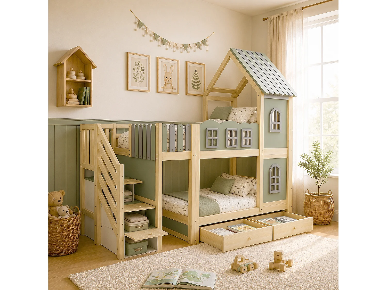 Lit superposé enfant - 2 x 90 x 200 cm - avec toit + fenêtres + escalier de rangement + étagères + tiroirs - bois - vert