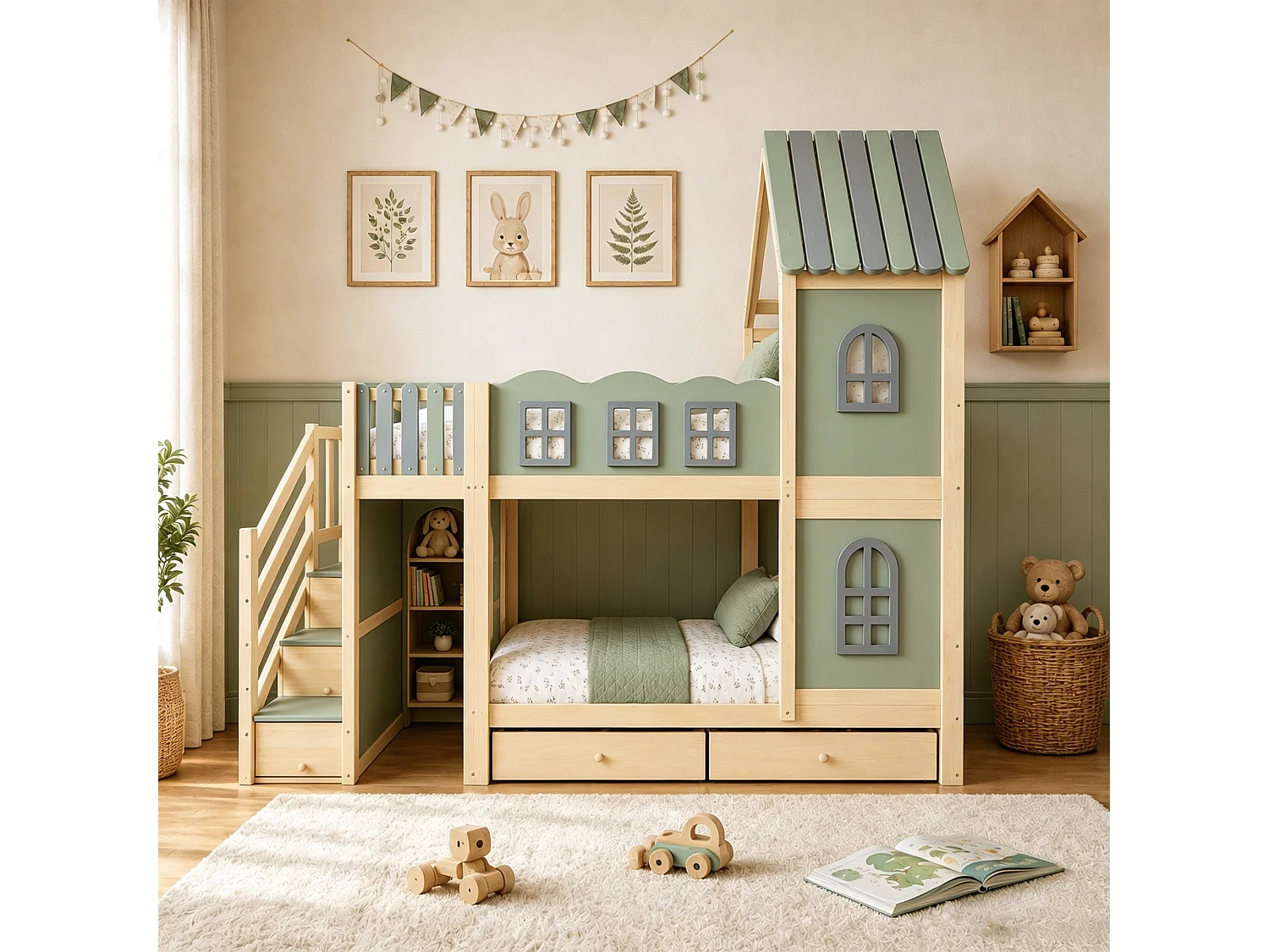 Lit superposé enfant - 2 x 90 x 200 cm - avec toit + fenêtres + escalier de rangement + étagères + tiroirs - bois - vert