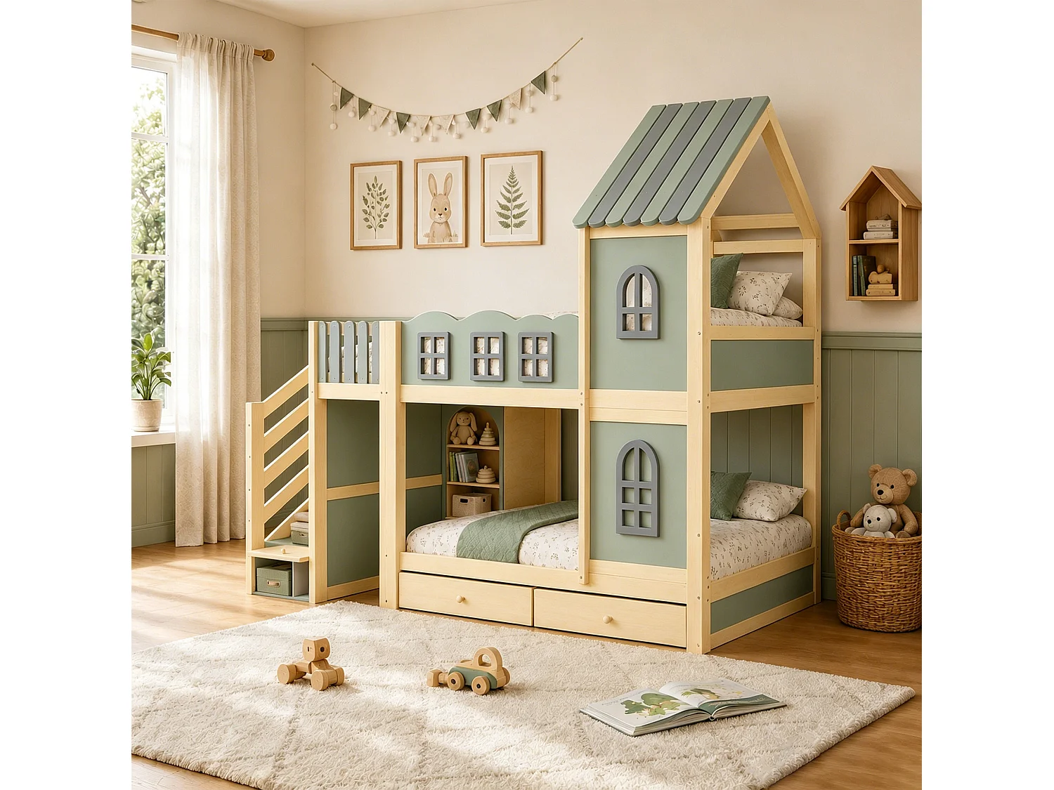 Lit superposé enfant - 2 x 90 x 200 cm - avec toit + fenêtres + escalier de rangement + étagères + tiroirs - bois - vert