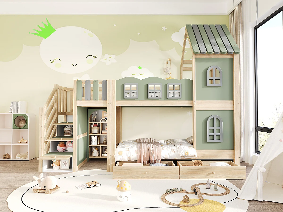 Lit superposé enfant - 2 x 90 x 200 cm - avec toit + fenêtres + escalier de rangement + étagères + tiroirs - bois - vert