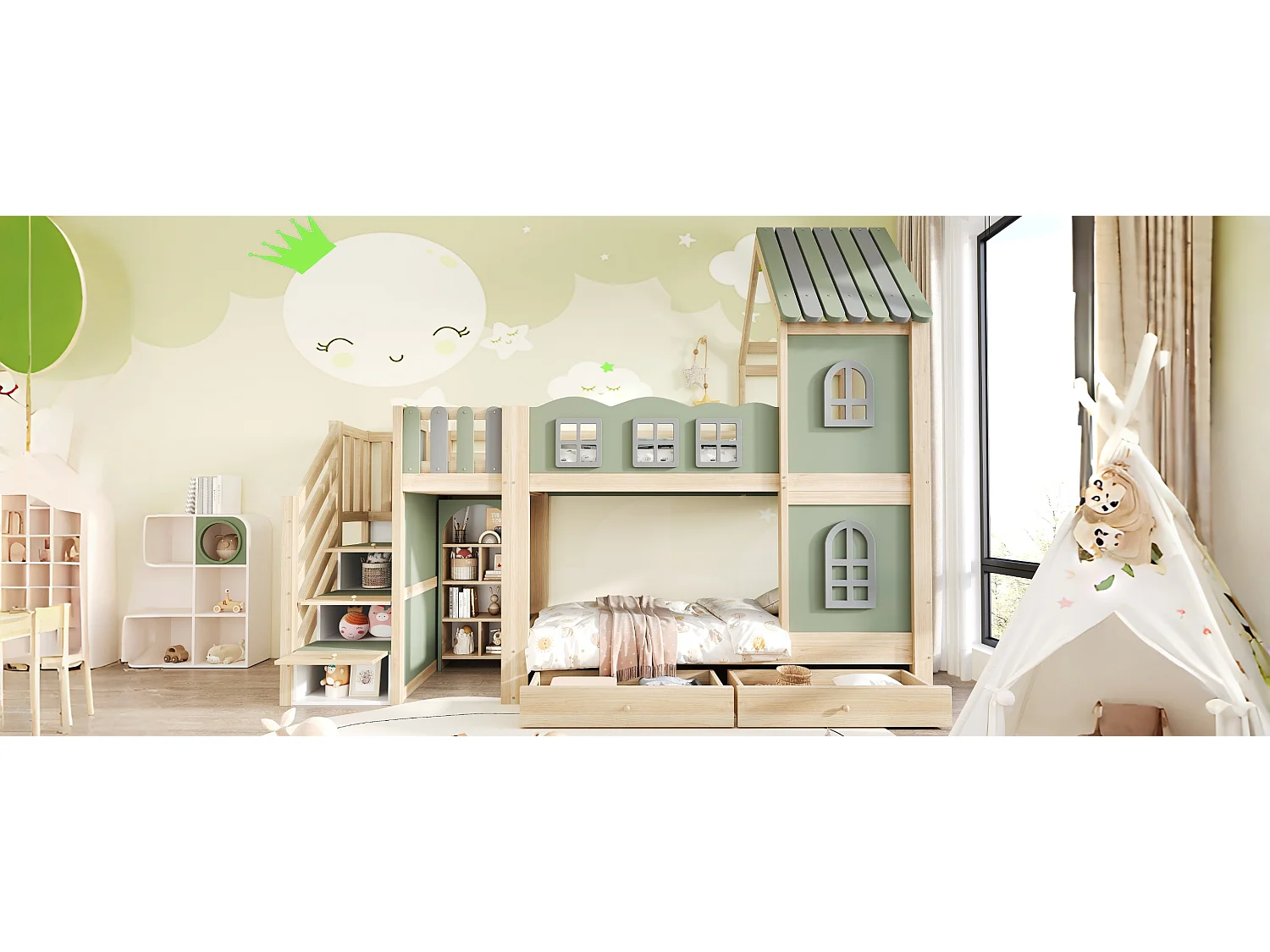 Lit superposé enfant - 2 x 90 x 200 cm - avec toit + fenêtres + escalier de rangement + étagères + tiroirs - bois - vert