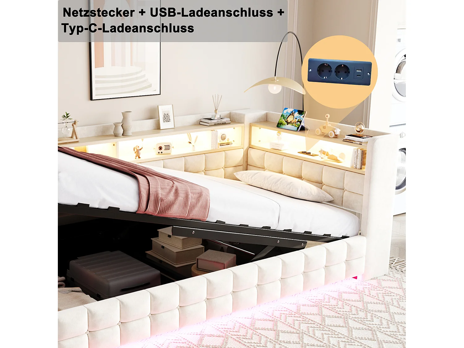 Lit coffre capitonné - 90 x 200 cm - avec rangement hydraulique + étagère + Leds + prise + USB - velours - beige
