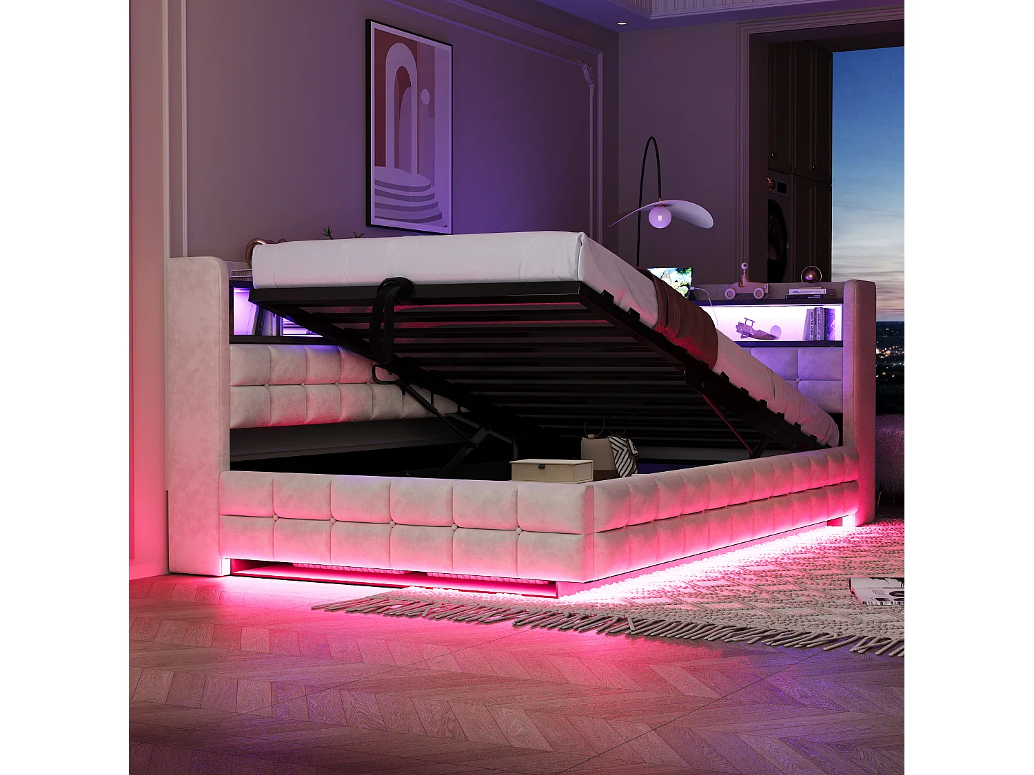 Lit coffre capitonné - 90 x 200 cm - avec rangement hydraulique + étagère + Leds + prise + USB - velours - beige