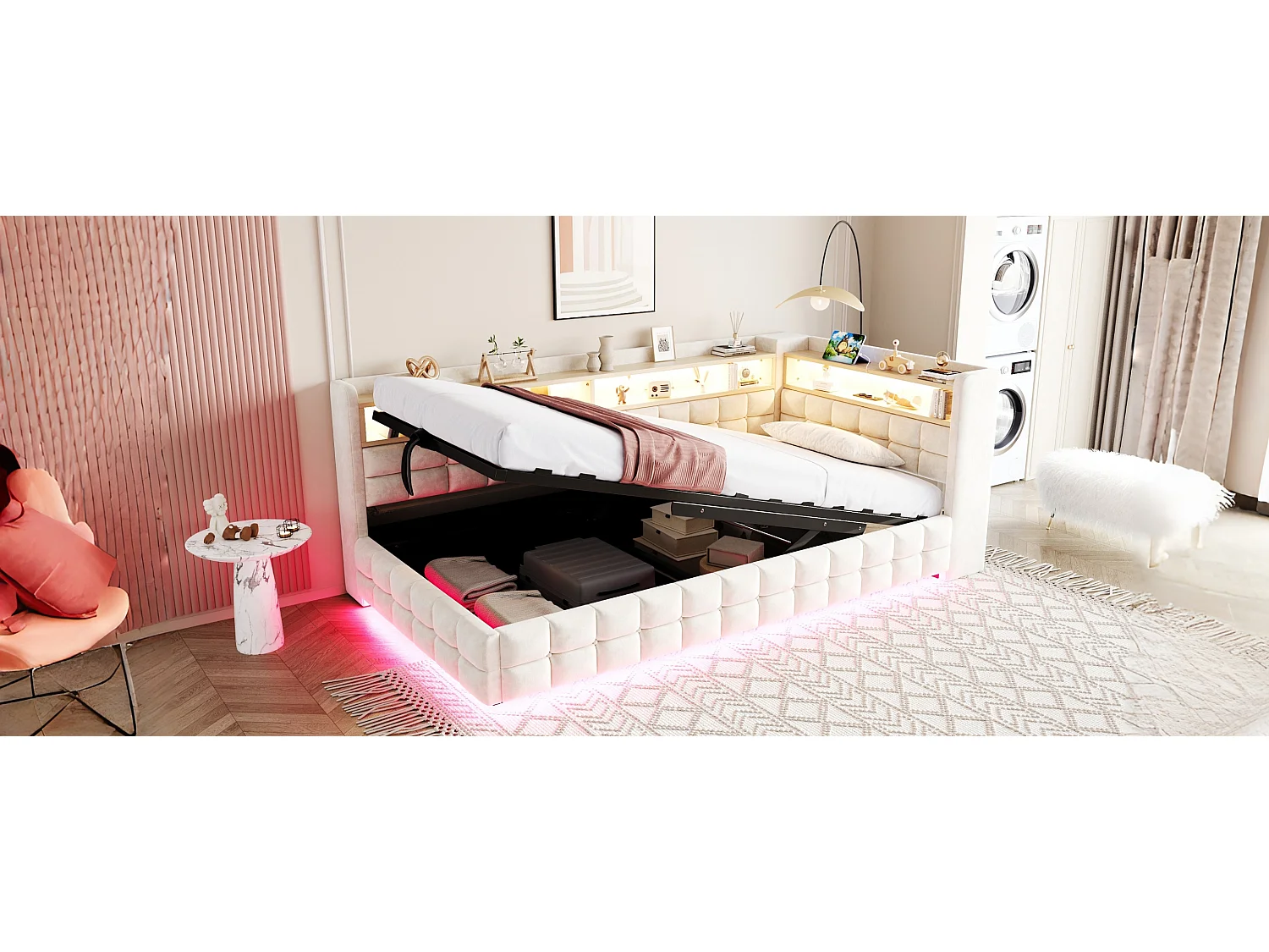 Lit coffre capitonné - 90 x 200 cm - avec rangement hydraulique + étagère + Leds + prise + USB - velours - beige