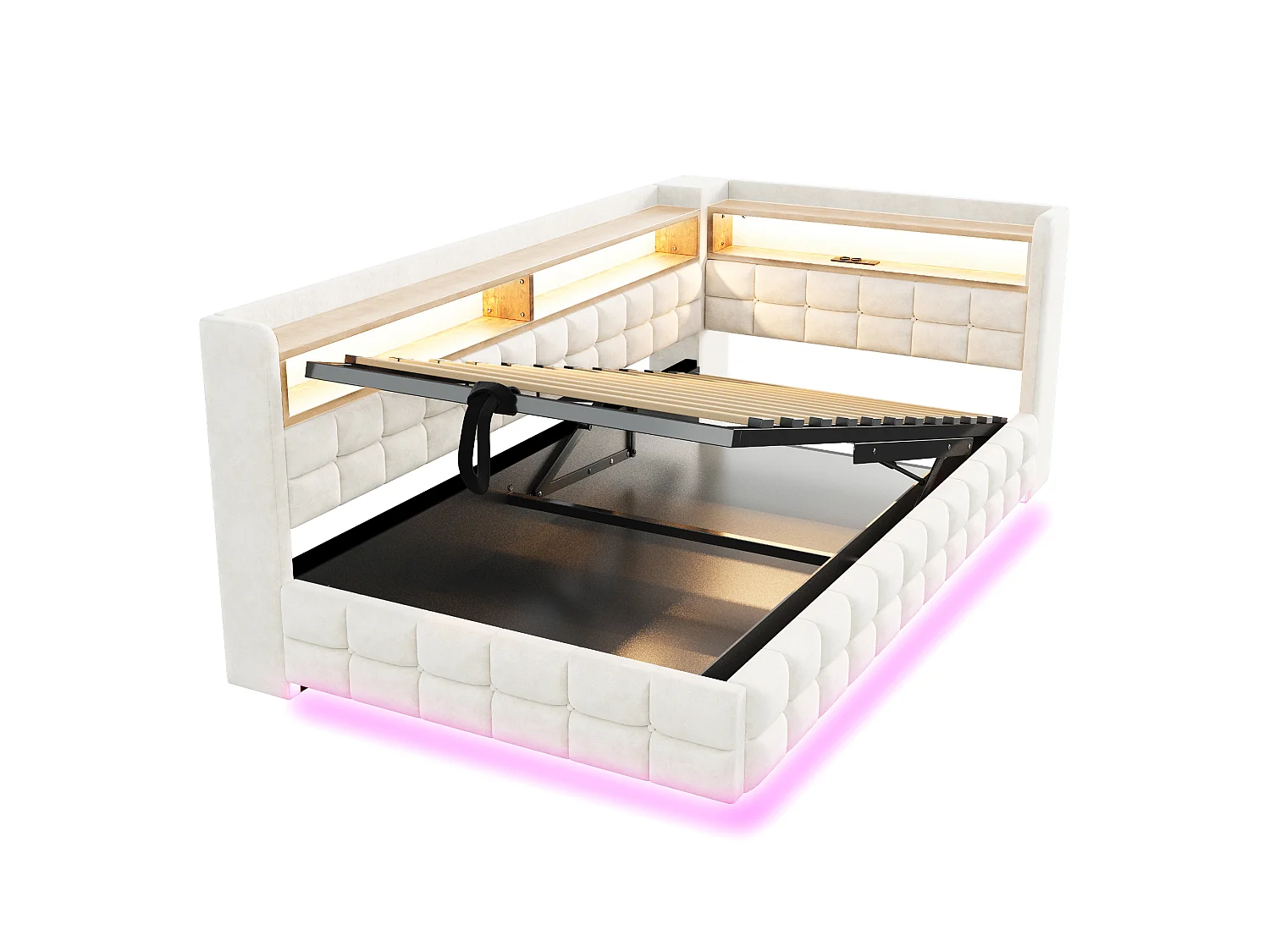 Lit coffre capitonné - 90 x 200 cm - avec rangement hydraulique + étagère + Leds + prise + USB - velours - beige