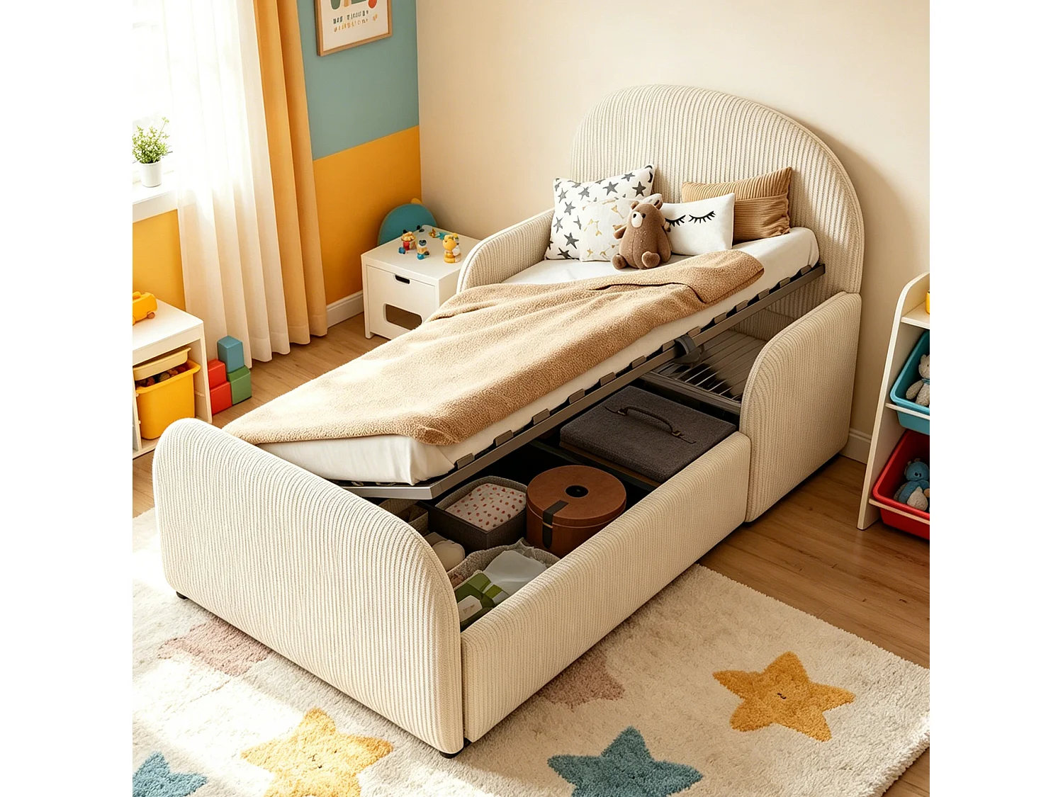 Lit coffre capitonné our enfant - 90 x 200 cm - avec rangement hydraulique + tête de lit + barrières - velours - beige