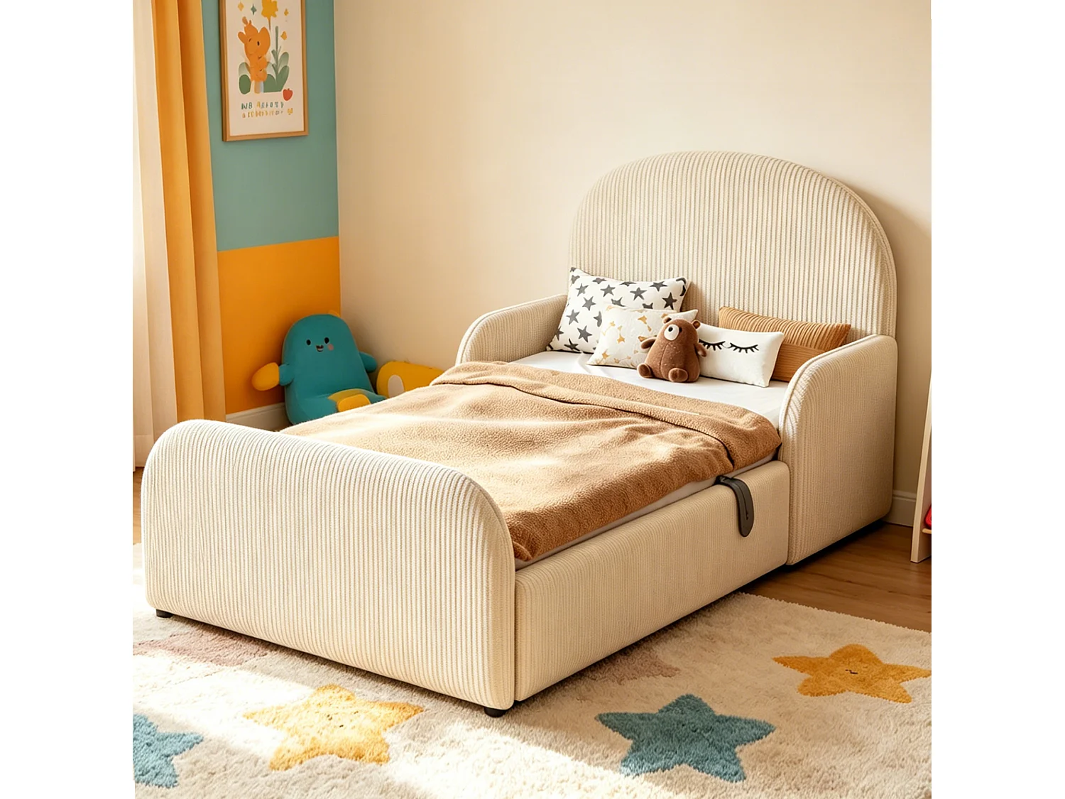 Lit coffre capitonné our enfant - 90 x 200 cm - avec rangement hydraulique + tête de lit + barrières - velours - beige