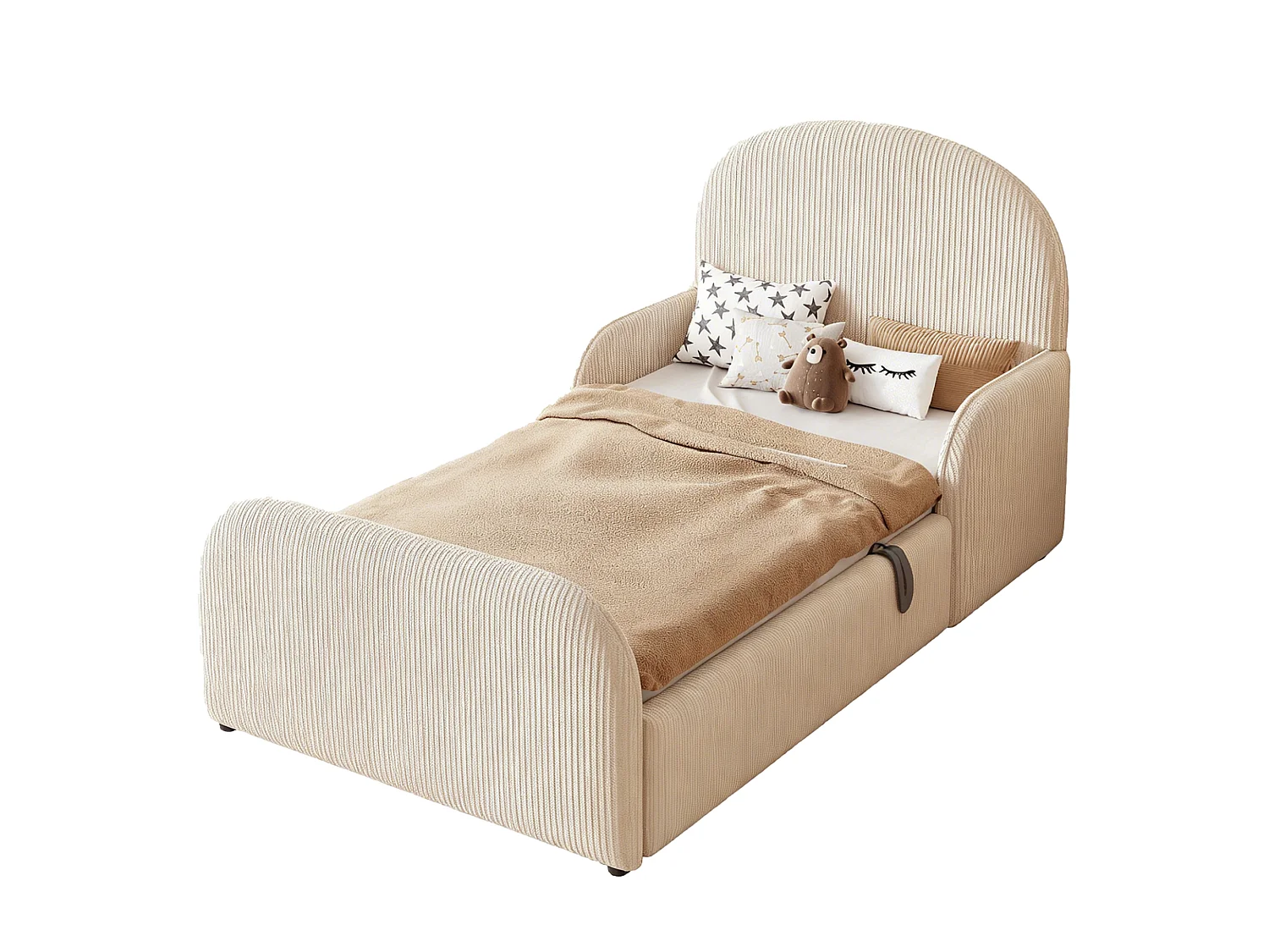 Lit coffre capitonné our enfant - 90 x 200 cm - avec rangement hydraulique + tête de lit + barrières - velours - beige