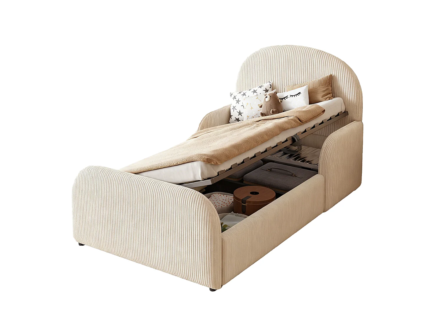 Lit coffre capitonné our enfant - 90 x 200 cm - avec rangement hydraulique + tête de lit + barrières - velours - beige