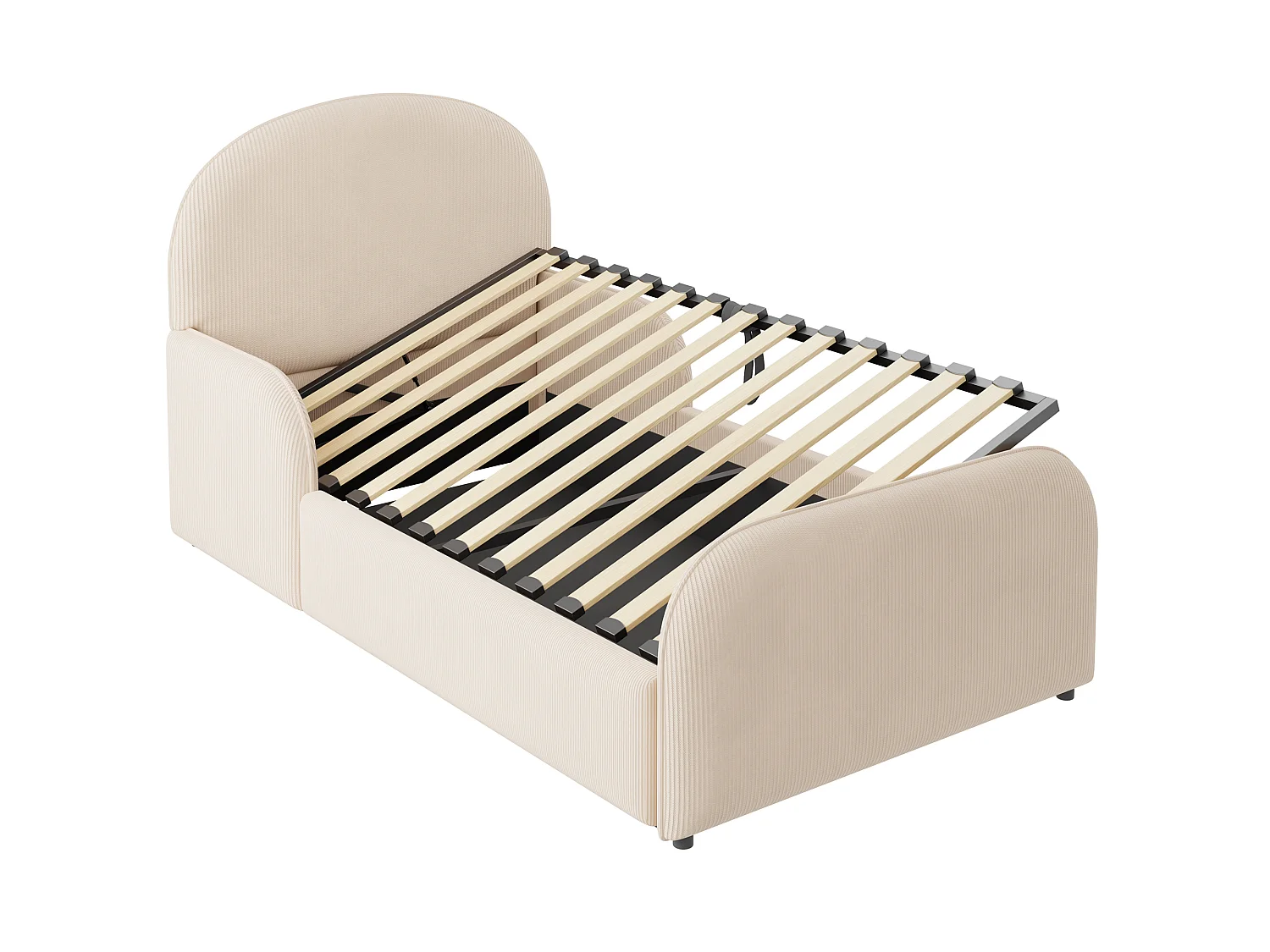 Lit coffre capitonné our enfant - 90 x 200 cm - avec rangement hydraulique + tête de lit + barrières - velours - beige