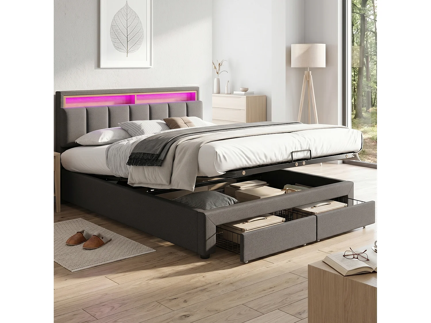 Lit coffre hydraulique rembourré - 180 x 200 cm - avec Leds + tiroirs + tête de lit de rangement - lin - gris