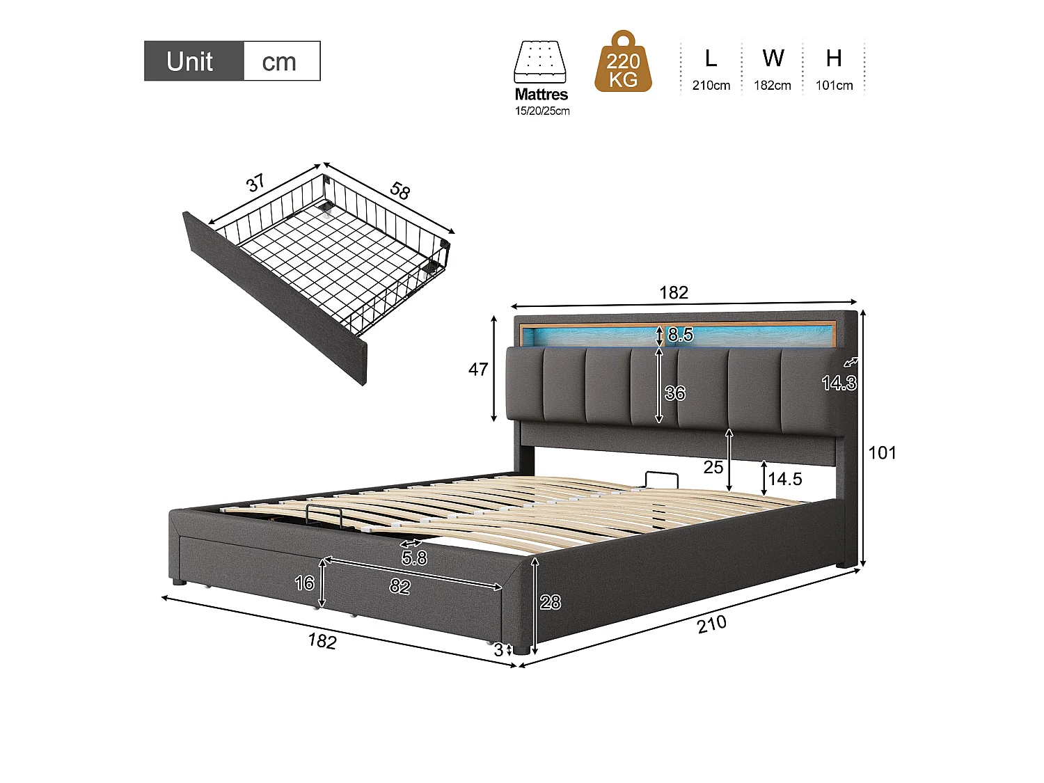 Lit coffre hydraulique rembourré - 180 x 200 cm - avec Leds + tiroirs + tête de lit de rangement - lin - gris