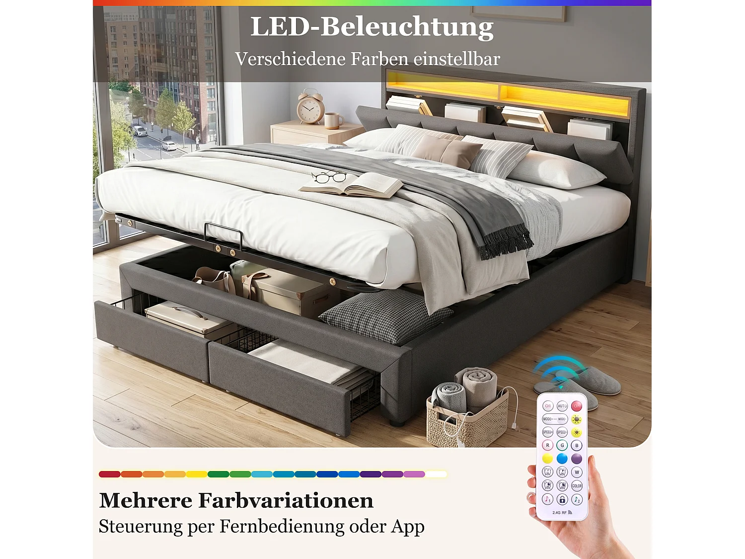 Lit coffre hydraulique rembourré - 180 x 200 cm - avec Leds + tiroirs + tête de lit de rangement - lin - gris