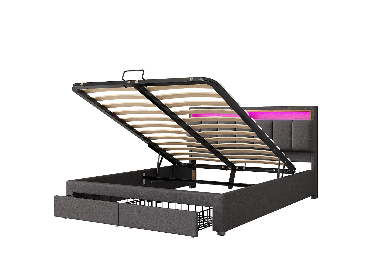 Lit coffre hydraulique rembourré - 180 x 200 cm - avec Leds + tiroirs + tête de lit de rangement - lin - gris