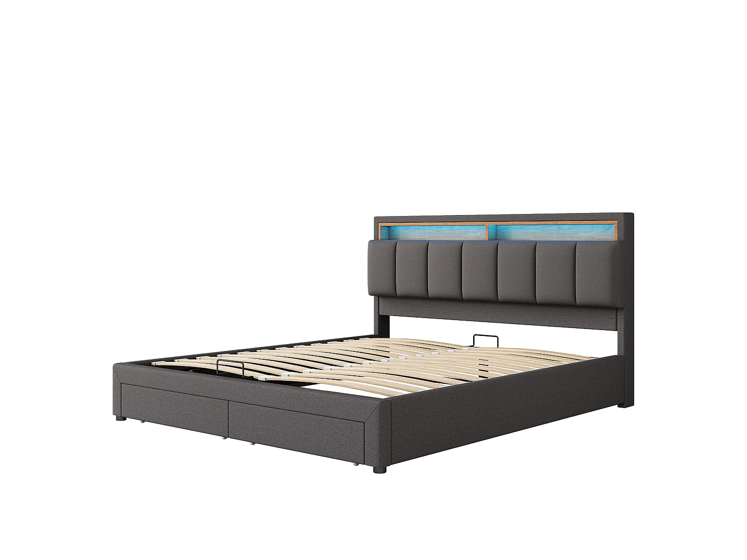 Lit coffre hydraulique rembourré - 180 x 200 cm - avec Leds + tiroirs + tête de lit de rangement - lin - gris