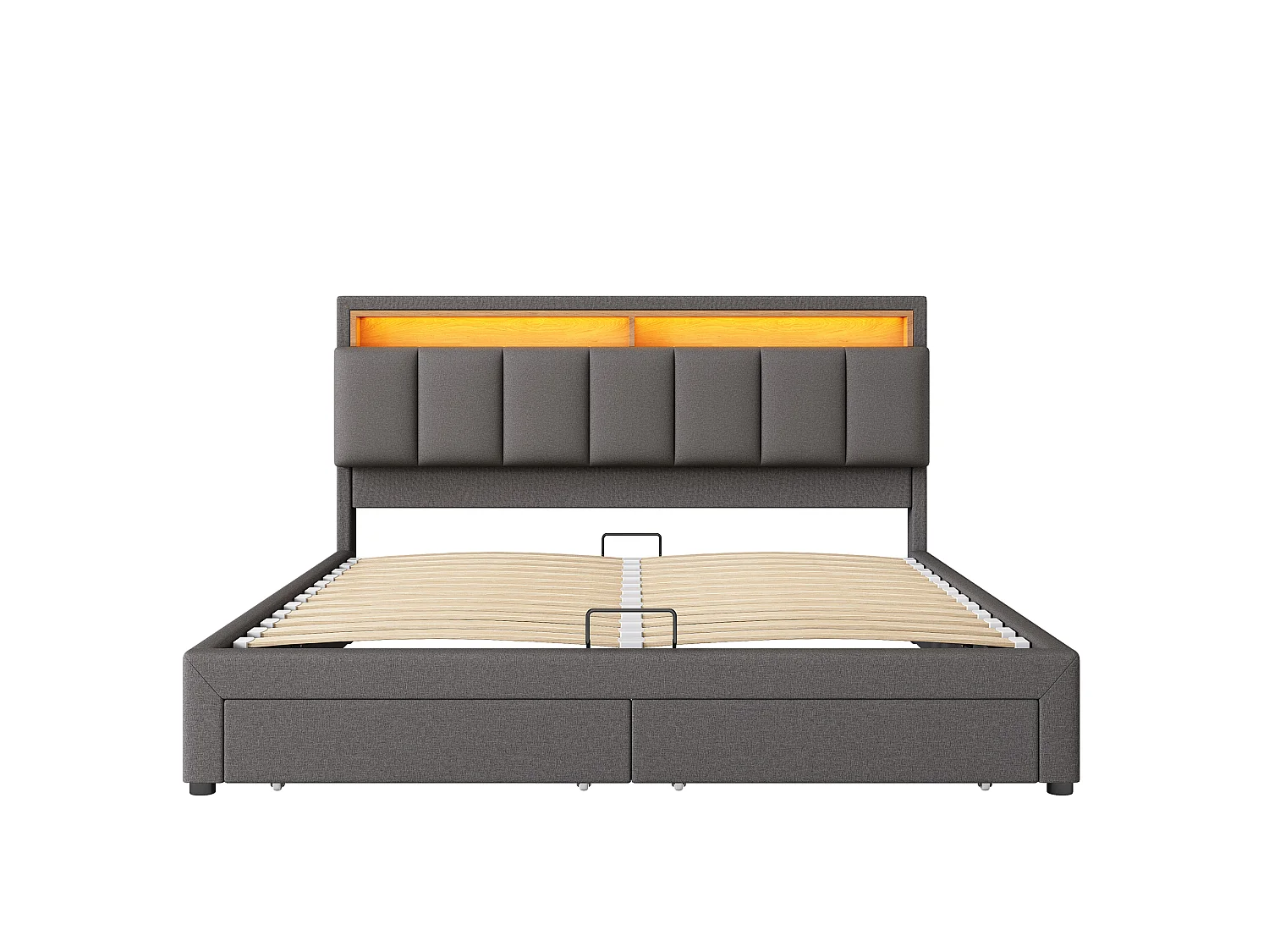 Lit coffre hydraulique rembourré - 180 x 200 cm - avec Leds + tiroirs + tête de lit de rangement - lin - gris