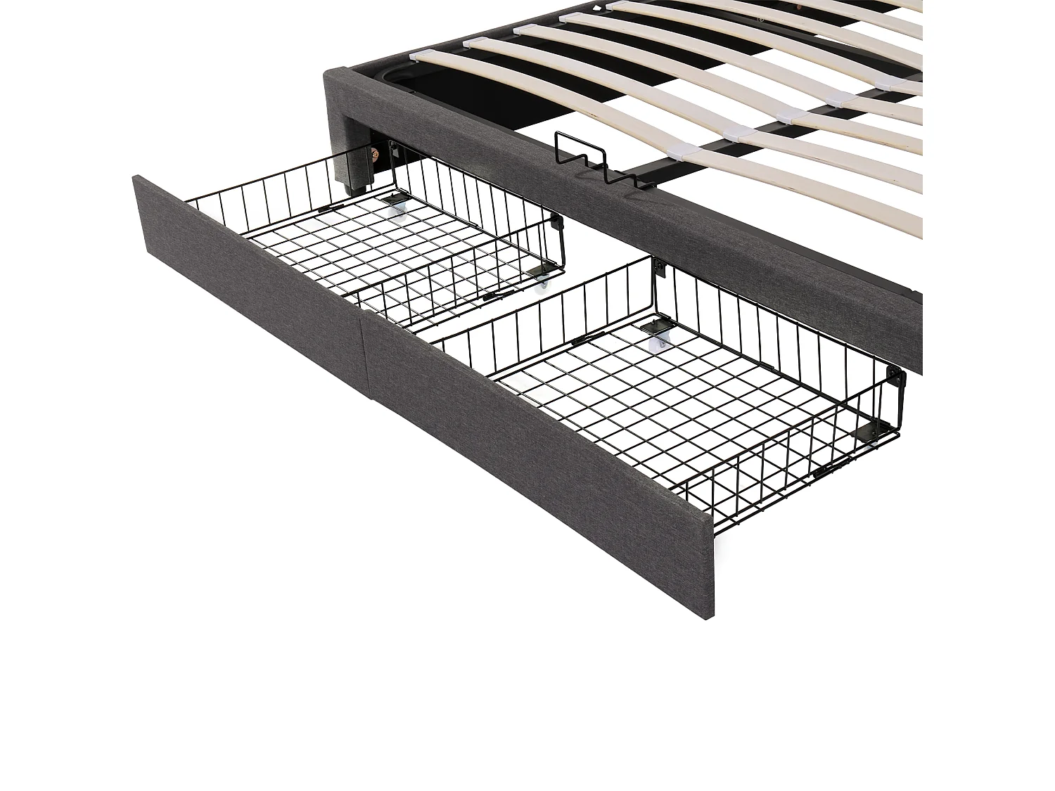 Lit coffre hydraulique rembourré - 180 x 200 cm - avec Leds + tiroirs + tête de lit de rangement - lin - gris
