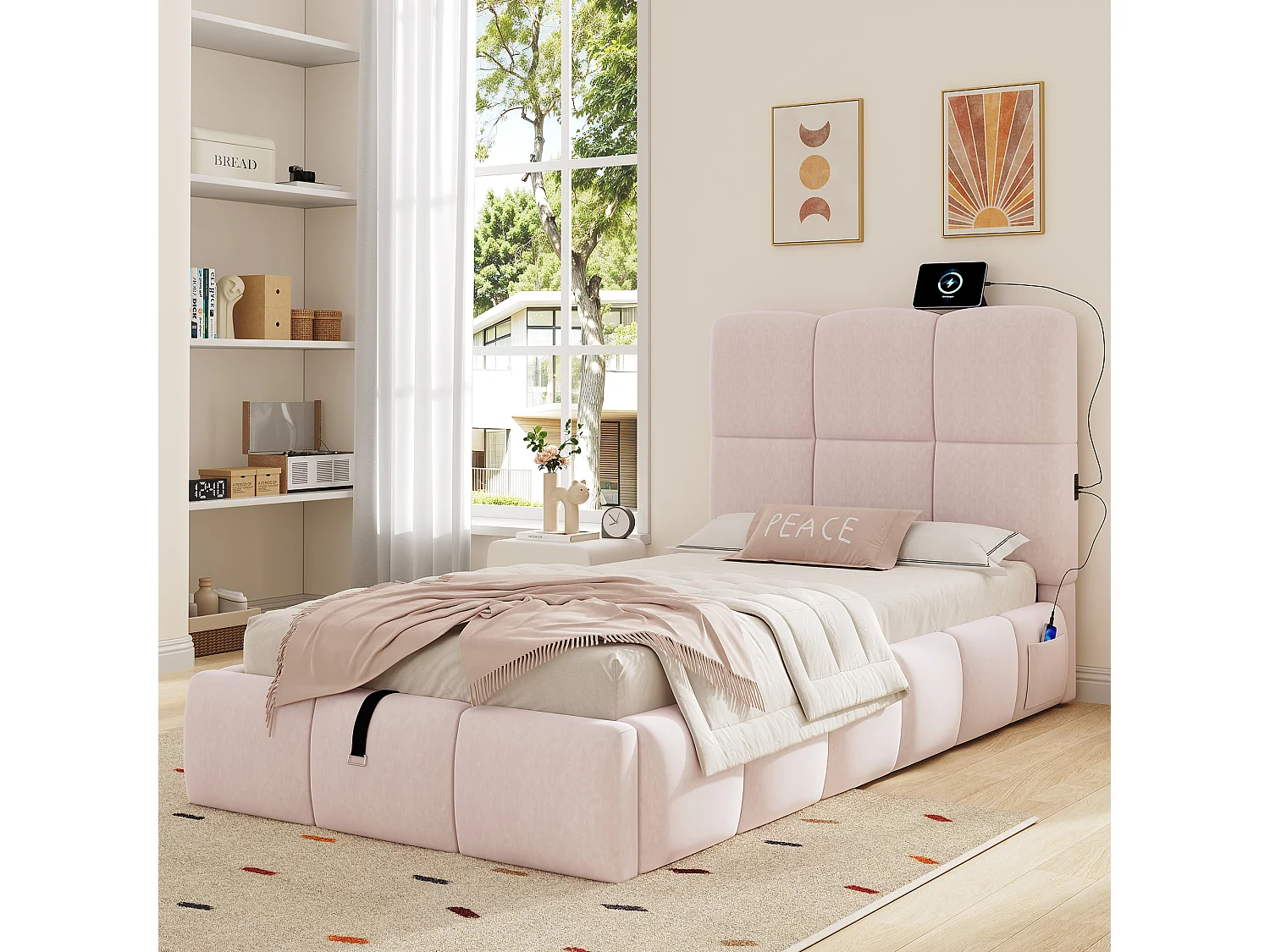 Lit coffre rembourré enfant - 90 x 200 cm - avec rangement hydraulique + tête de lit + USB - velours - rose