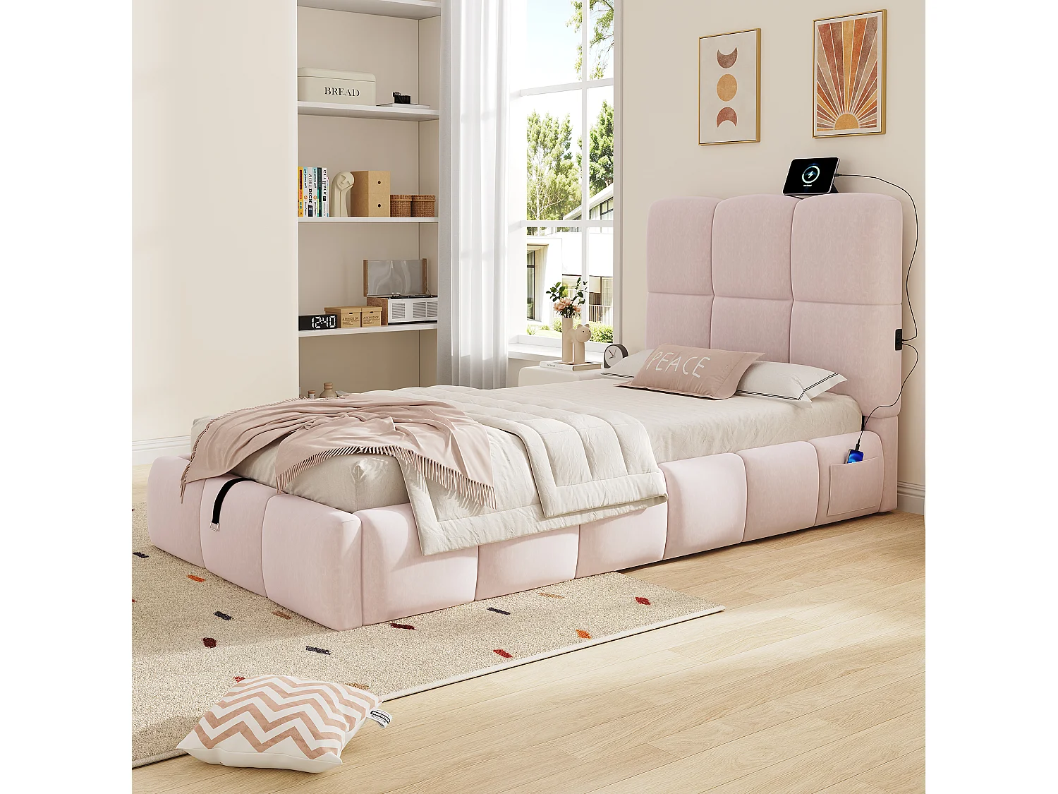 Lit coffre rembourré enfant - 90 x 200 cm - avec rangement hydraulique + tête de lit + USB - velours - rose