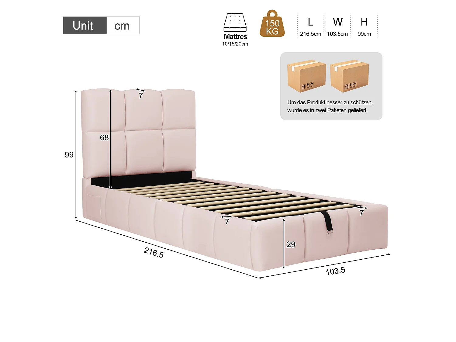 Lit coffre rembourré enfant - 90 x 200 cm - avec rangement hydraulique + tête de lit + USB - velours - rose