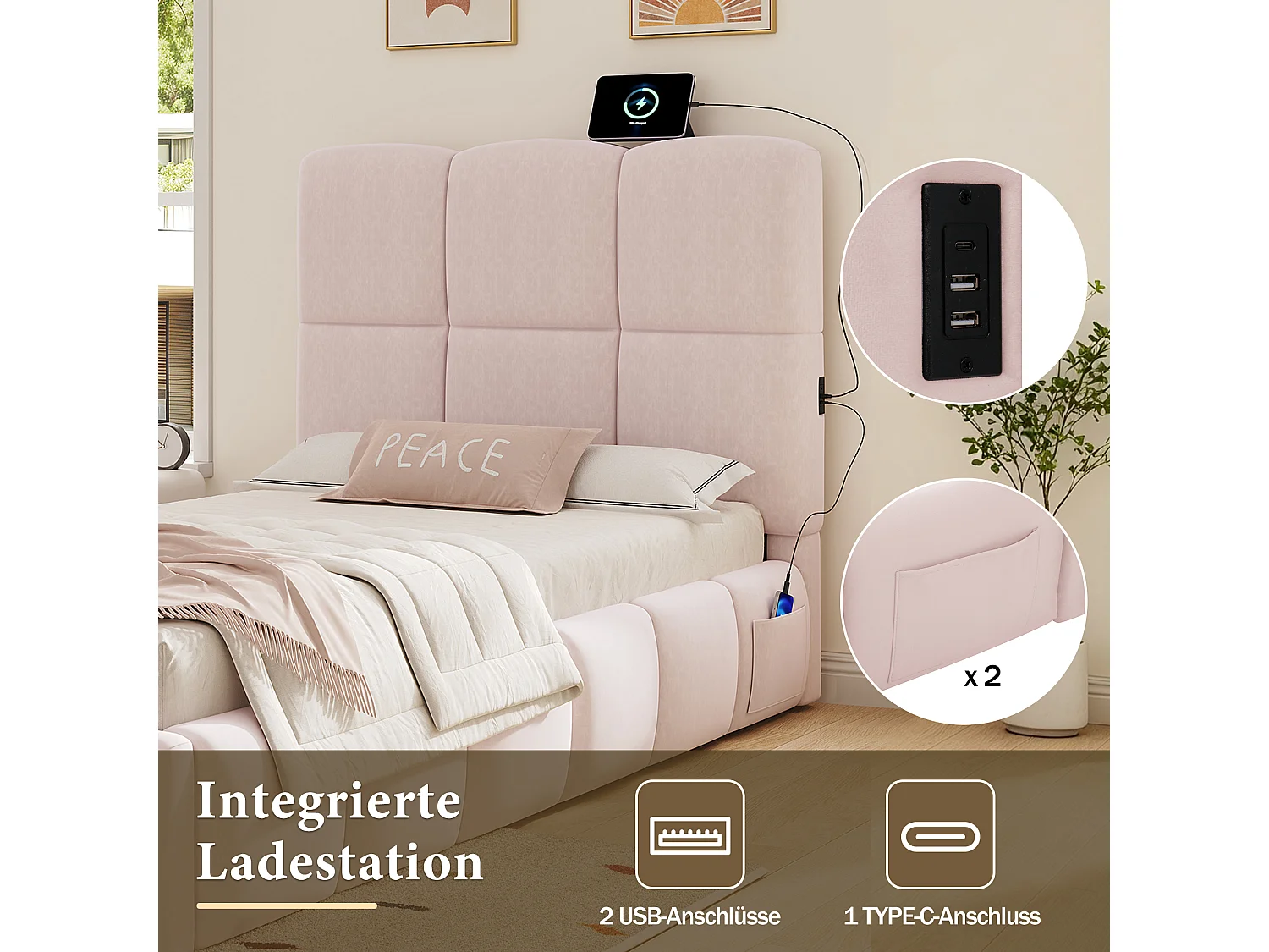 Lit coffre rembourré enfant - 90 x 200 cm - avec rangement hydraulique + tête de lit + USB - velours - rose