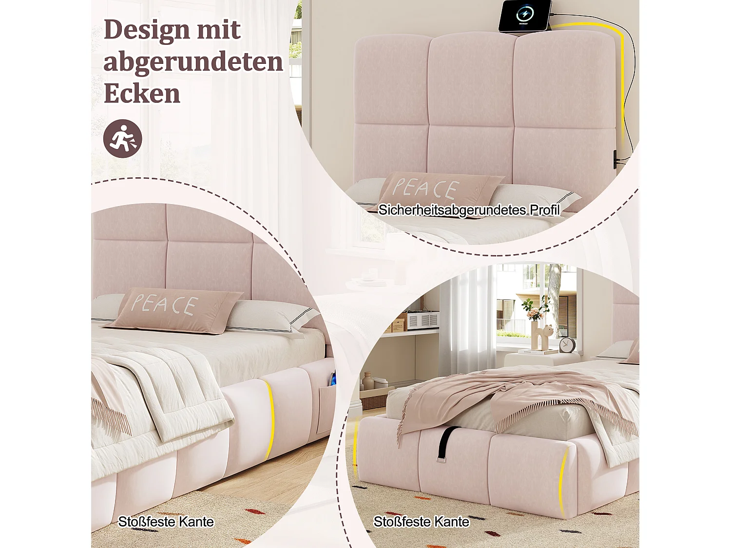 Lit coffre rembourré enfant - 90 x 200 cm - avec rangement hydraulique + tête de lit + USB - velours - rose