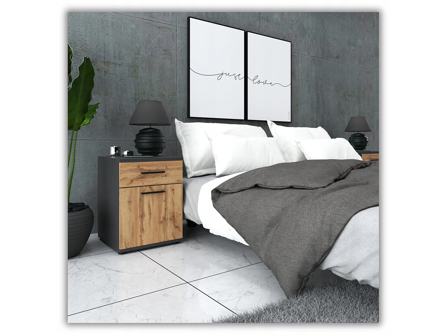 SZAFKA NOCNA 40 CM SZARA DĄB WOTAN 1 SZUFLADA 1 PÓŁKA STOLIK NOCNY LOFT