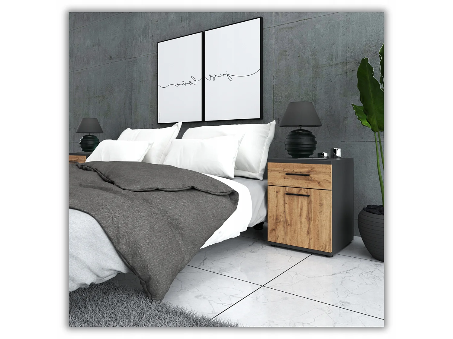 SZAFKA NOCNA 40 CM SZARA DĄB WOTAN 1 SZUFLADA 1 PÓŁKA STOLIK NOCNY LOFT