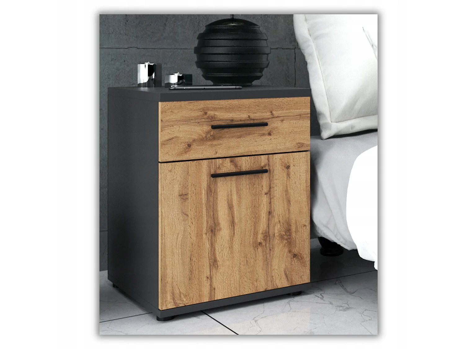 SZAFKA NOCNA 40 CM SZARA DĄB WOTAN 1 SZUFLADA 1 PÓŁKA STOLIK NOCNY LOFT