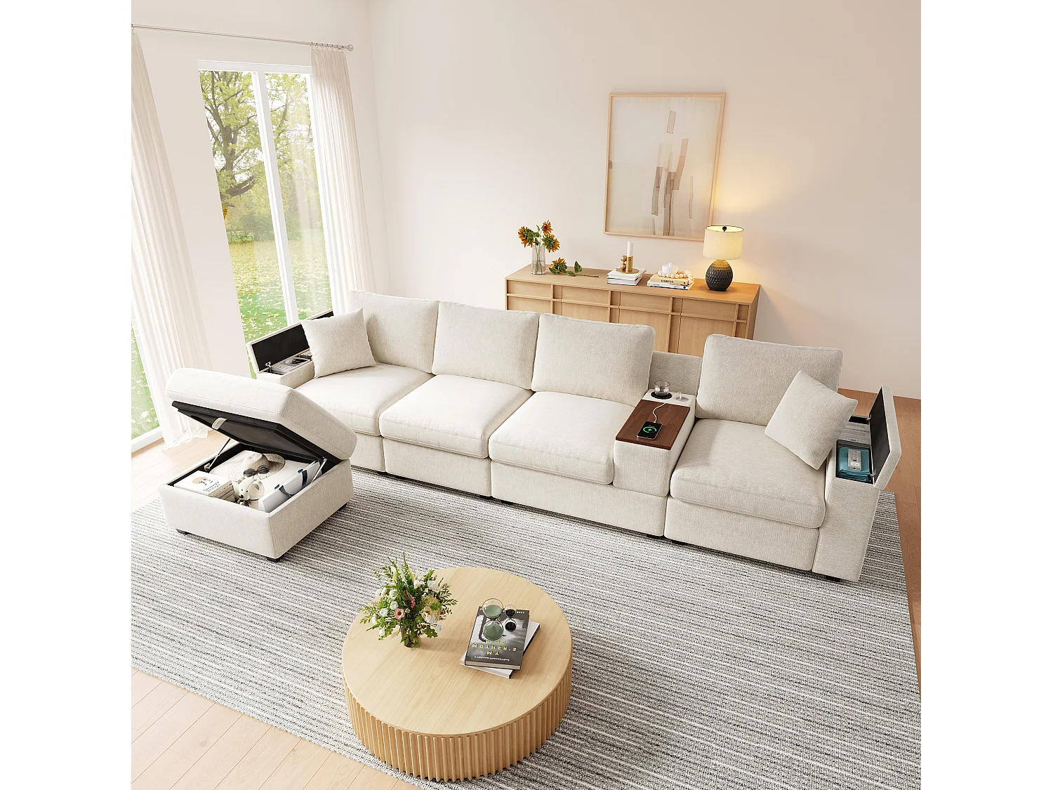 Ensemble canapé 4 places - 313 x 147 x 82 cm - avec USB + 2 accoudoirs de rangement + Pouf + table basse - chenille - beige