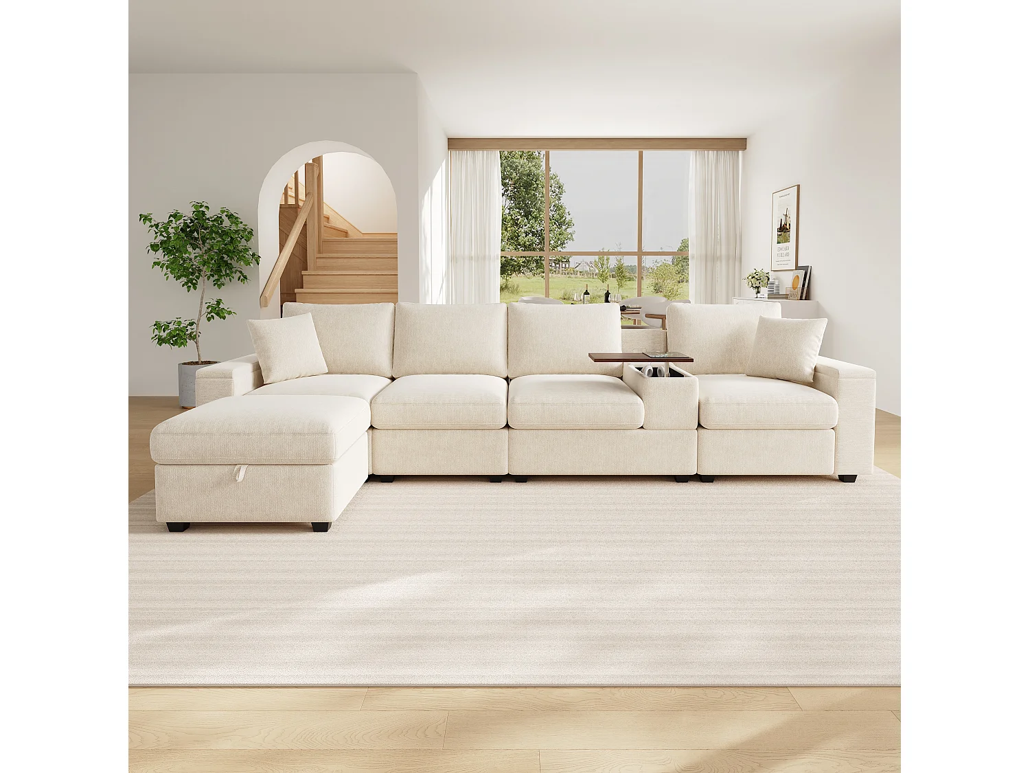 Ensemble canapé 4 places - 313 x 147 x 82 cm - avec USB + 2 accoudoirs de rangement + Pouf + table basse - chenille - beige