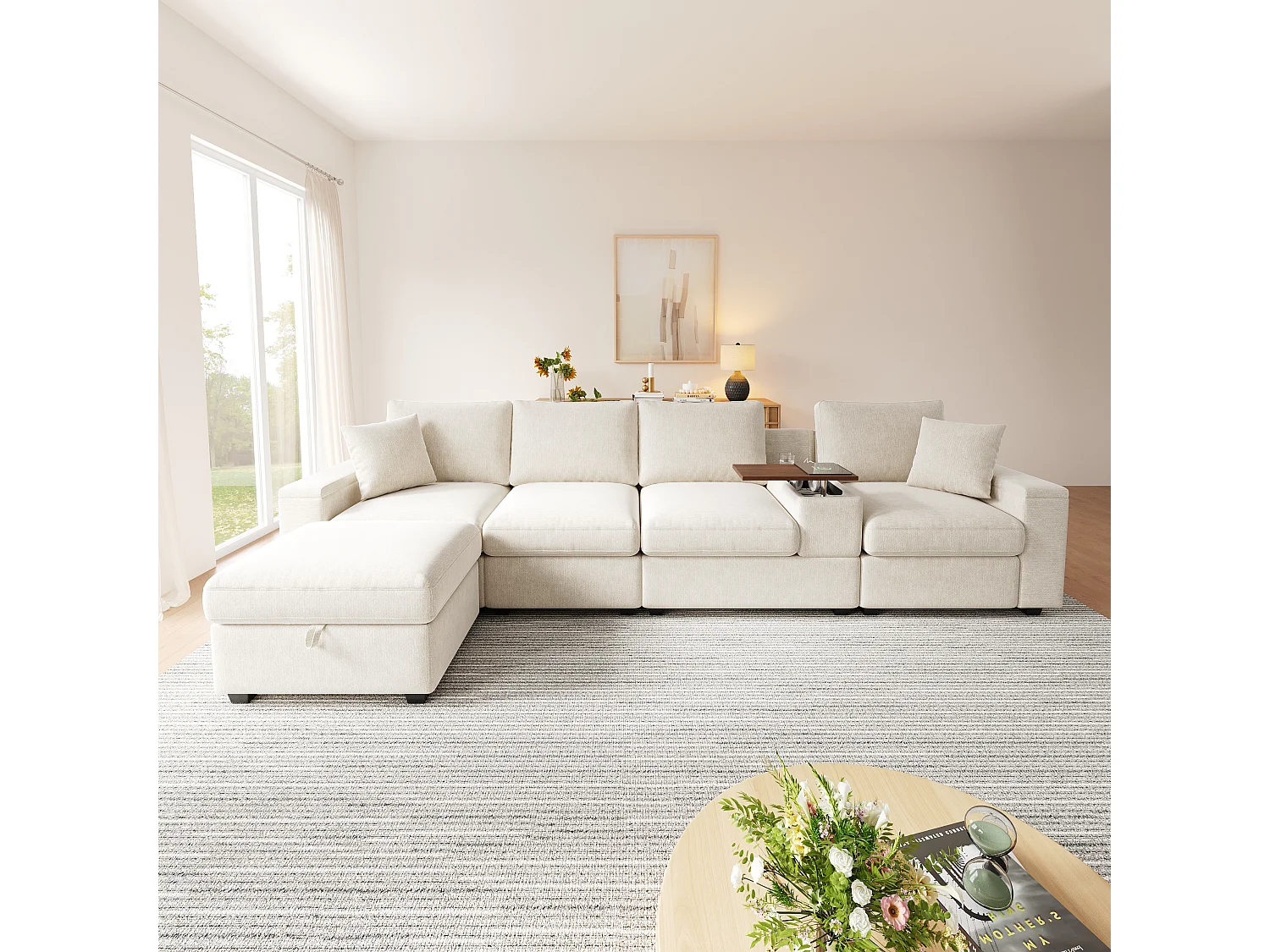 Ensemble canapé 4 places - 313 x 147 x 82 cm - avec USB + 2 accoudoirs de rangement + Pouf + table basse - chenille - beige