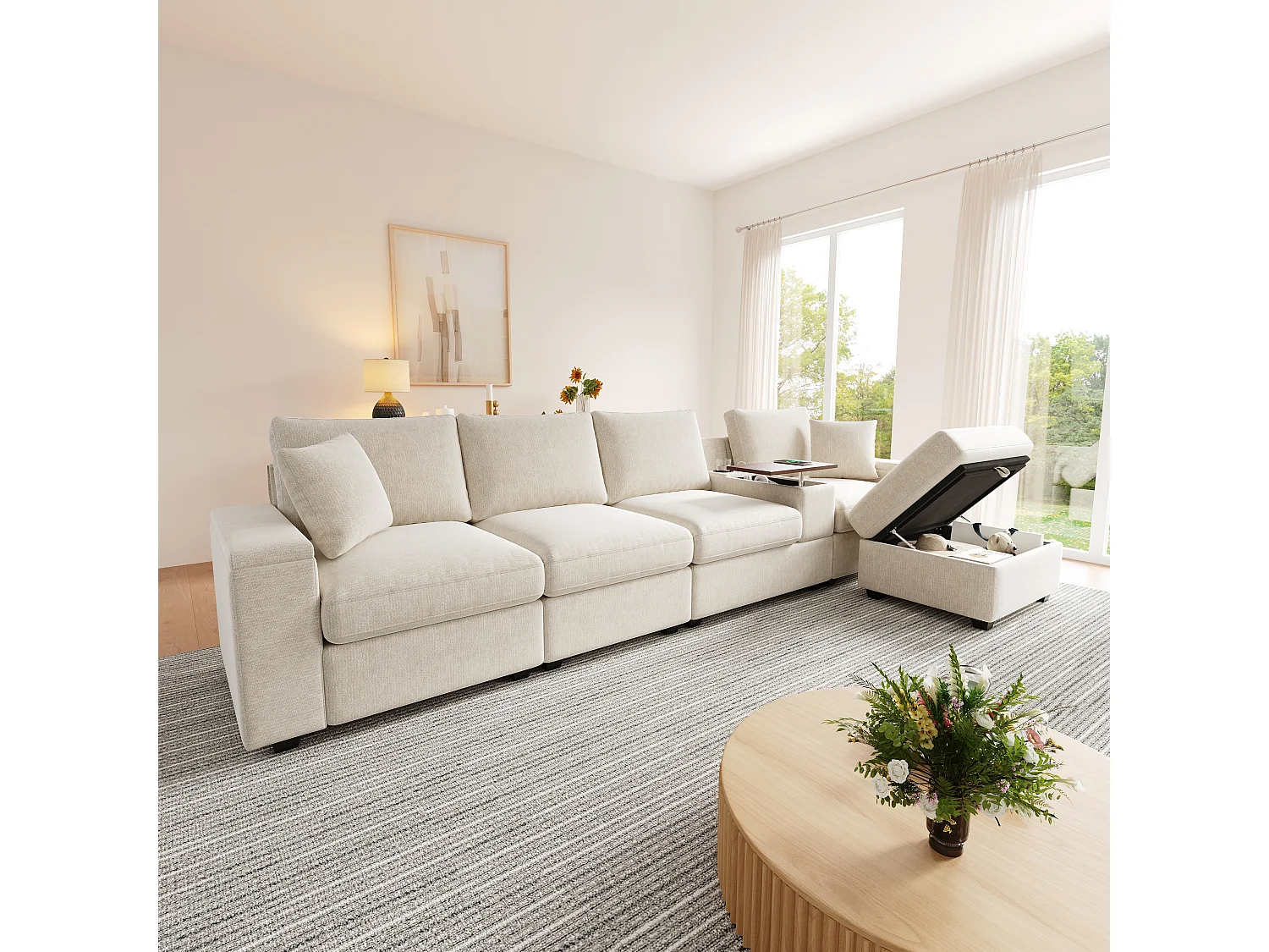 Ensemble canapé 4 places - 313 x 147 x 82 cm - avec USB + 2 accoudoirs de rangement + Pouf + table basse - chenille - beige