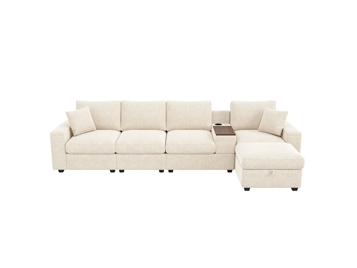 Ensemble canapé 4 places - 313 x 147 x 82 cm - avec USB + 2 accoudoirs de rangement + Pouf + table basse - chenille - beige