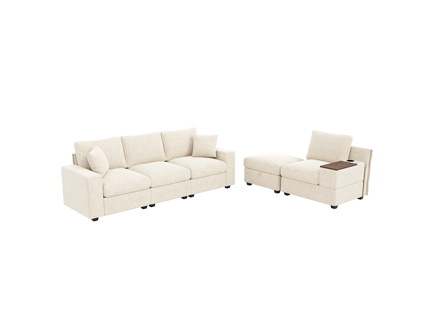 Ensemble canapé 4 places - 313 x 147 x 82 cm - avec USB + 2 accoudoirs de rangement + Pouf + table basse - chenille - beige