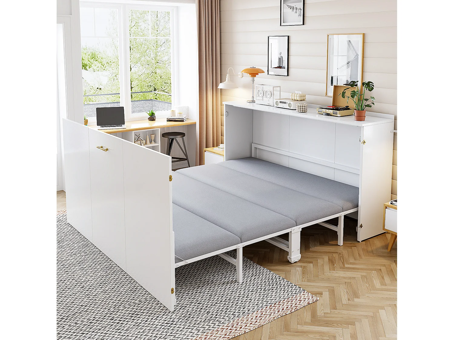 Lit escamotable avec structure en métal - 140 x 200 cm - cadre de lit avec matelas + roulettes - bois + métal - blanc（avec matelas)