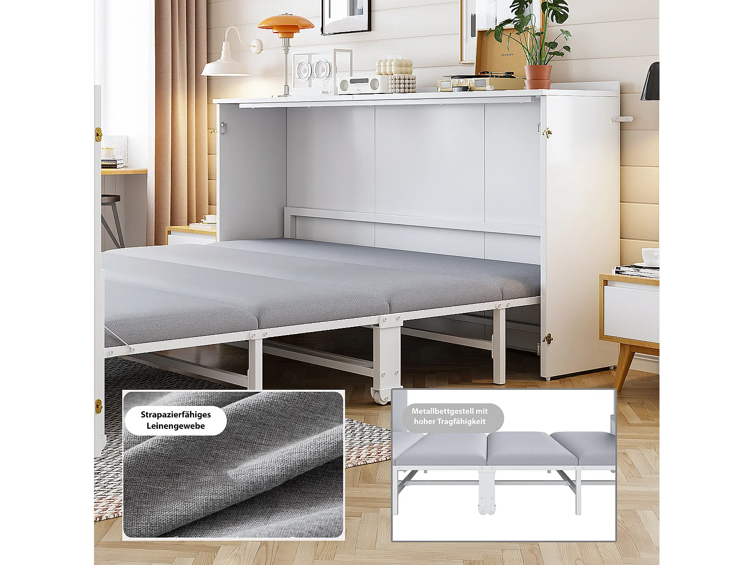Lit escamotable avec structure en métal - 140 x 200 cm - cadre de lit avec matelas + roulettes - bois + métal - blanc（avec matelas)