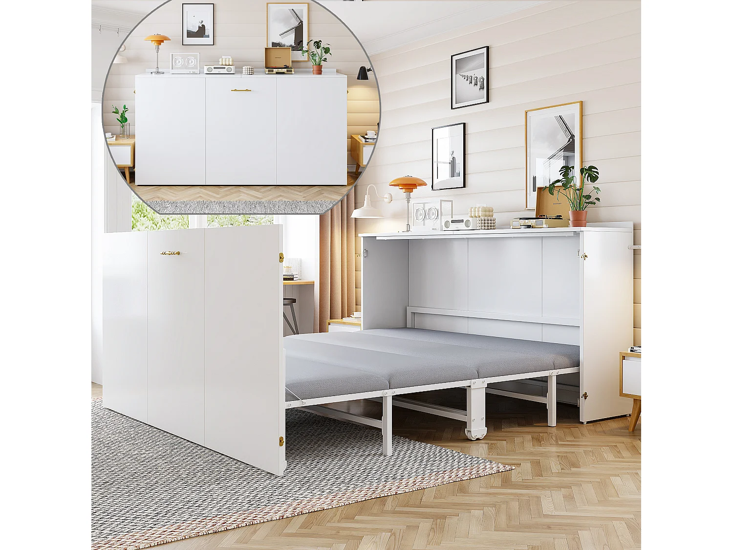 Lit escamotable avec structure en métal - 140 x 200 cm - cadre de lit avec matelas + roulettes - bois + métal - blanc（avec matelas)