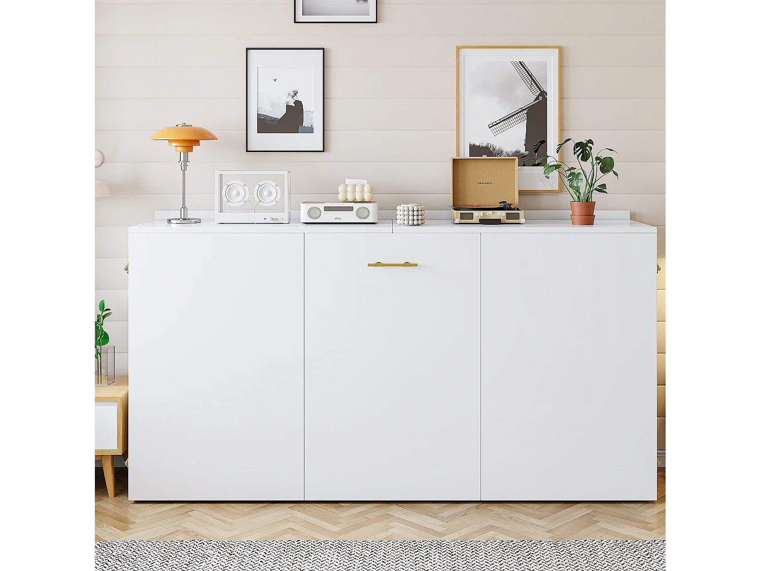 Lit escamotable avec structure en métal - 140 x 200 cm - cadre de lit avec matelas + roulettes - bois + métal - blanc（avec matelas)