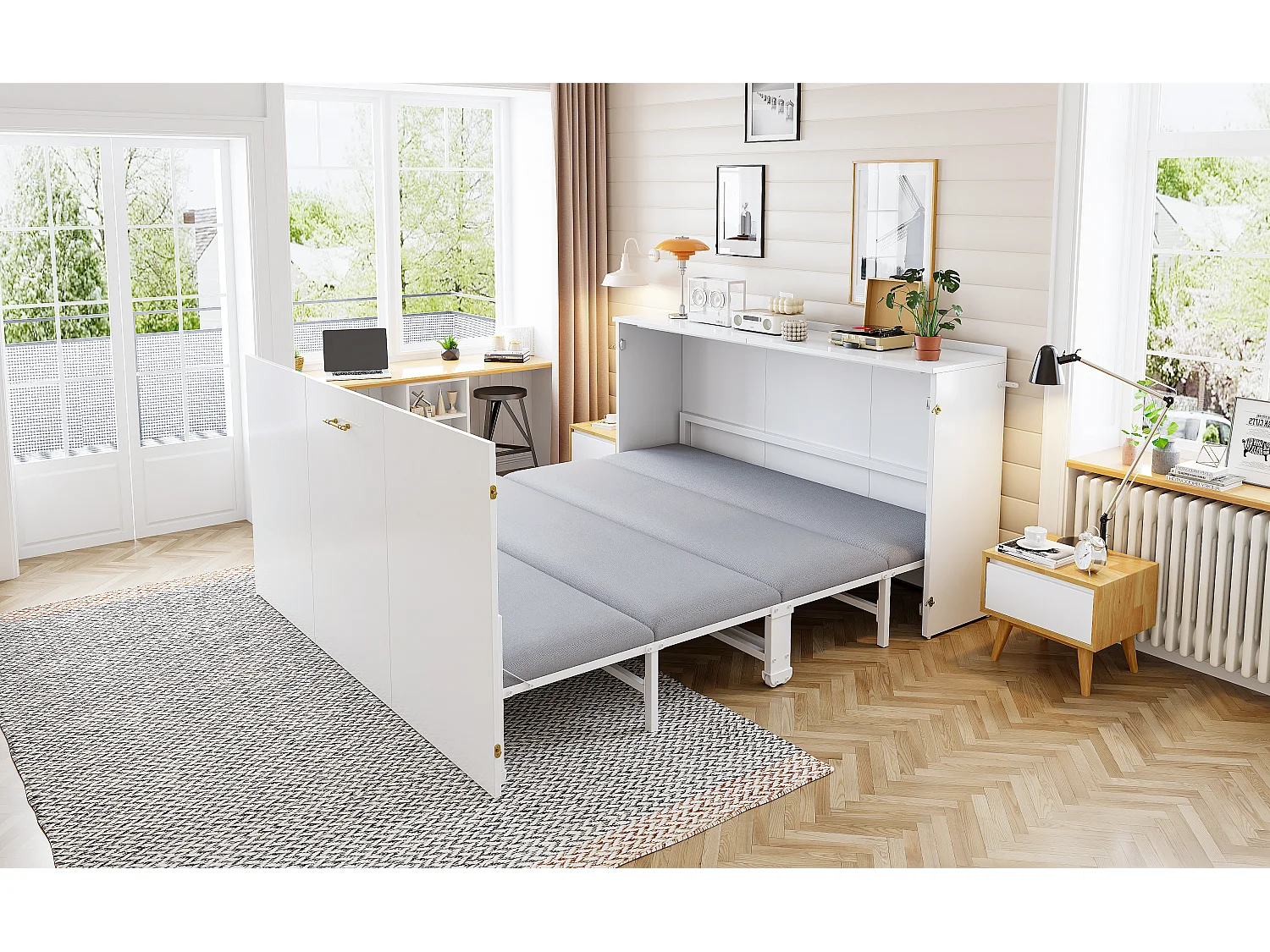 Lit escamotable avec structure en métal - 140 x 200 cm - cadre de lit avec matelas + roulettes - bois + métal - blanc（avec matelas)