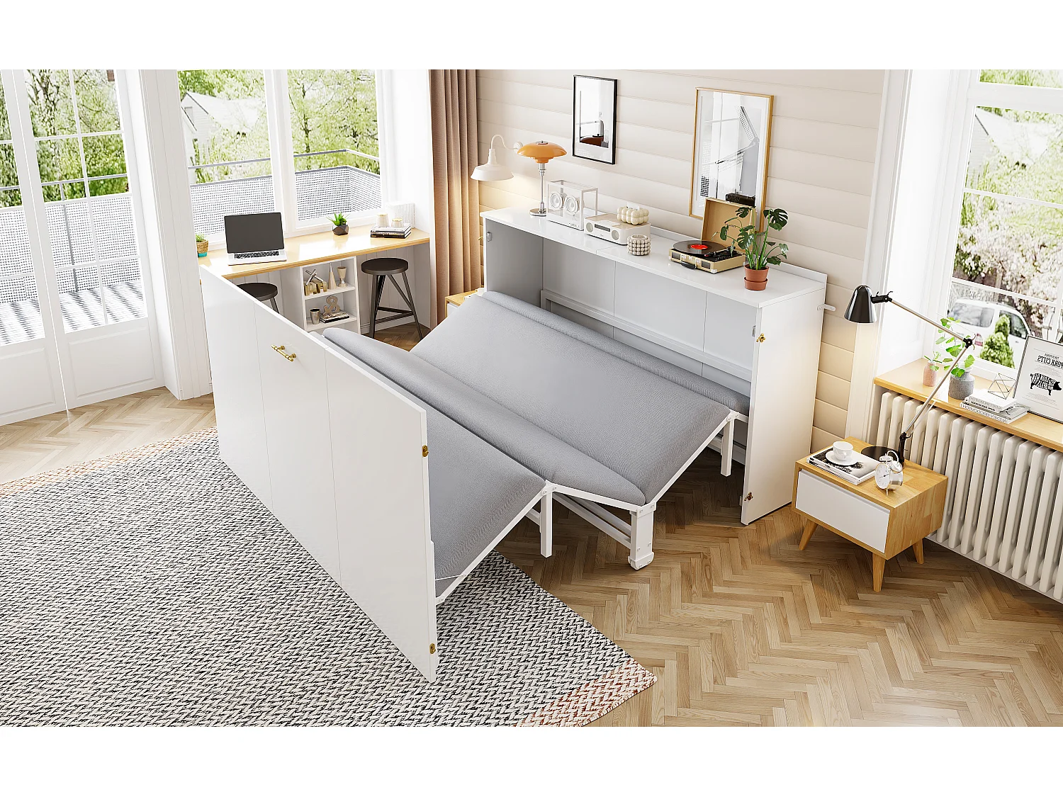 Lit escamotable avec structure en métal - 140 x 200 cm - cadre de lit avec matelas + roulettes - bois + métal - blanc（avec matelas)