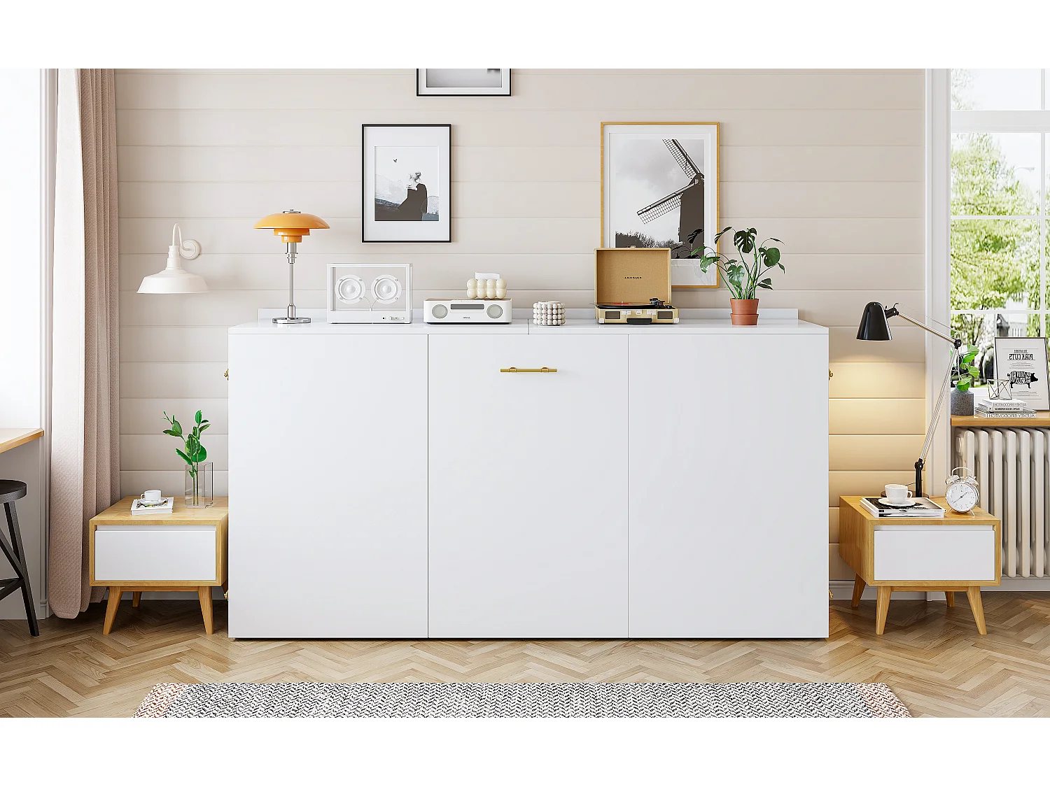 Lit escamotable avec structure en métal - 140 x 200 cm - cadre de lit avec matelas + roulettes - bois + métal - blanc（avec matelas)