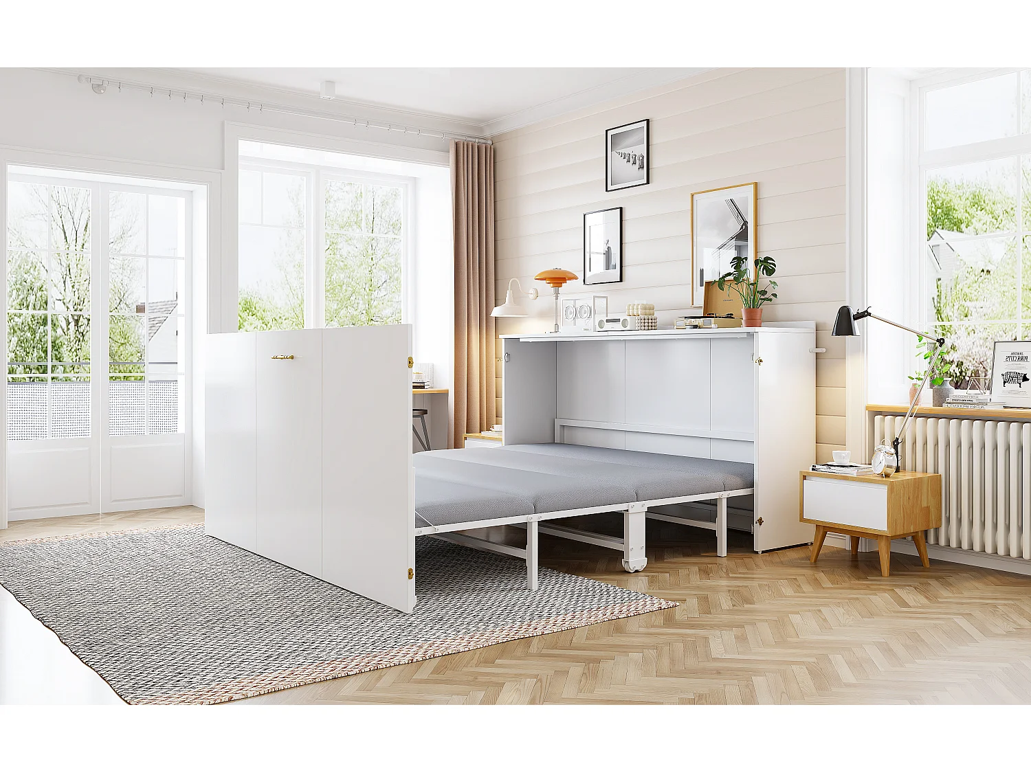 Lit escamotable avec structure en métal - 140 x 200 cm - cadre de lit avec matelas + roulettes - bois + métal - blanc（avec matelas)
