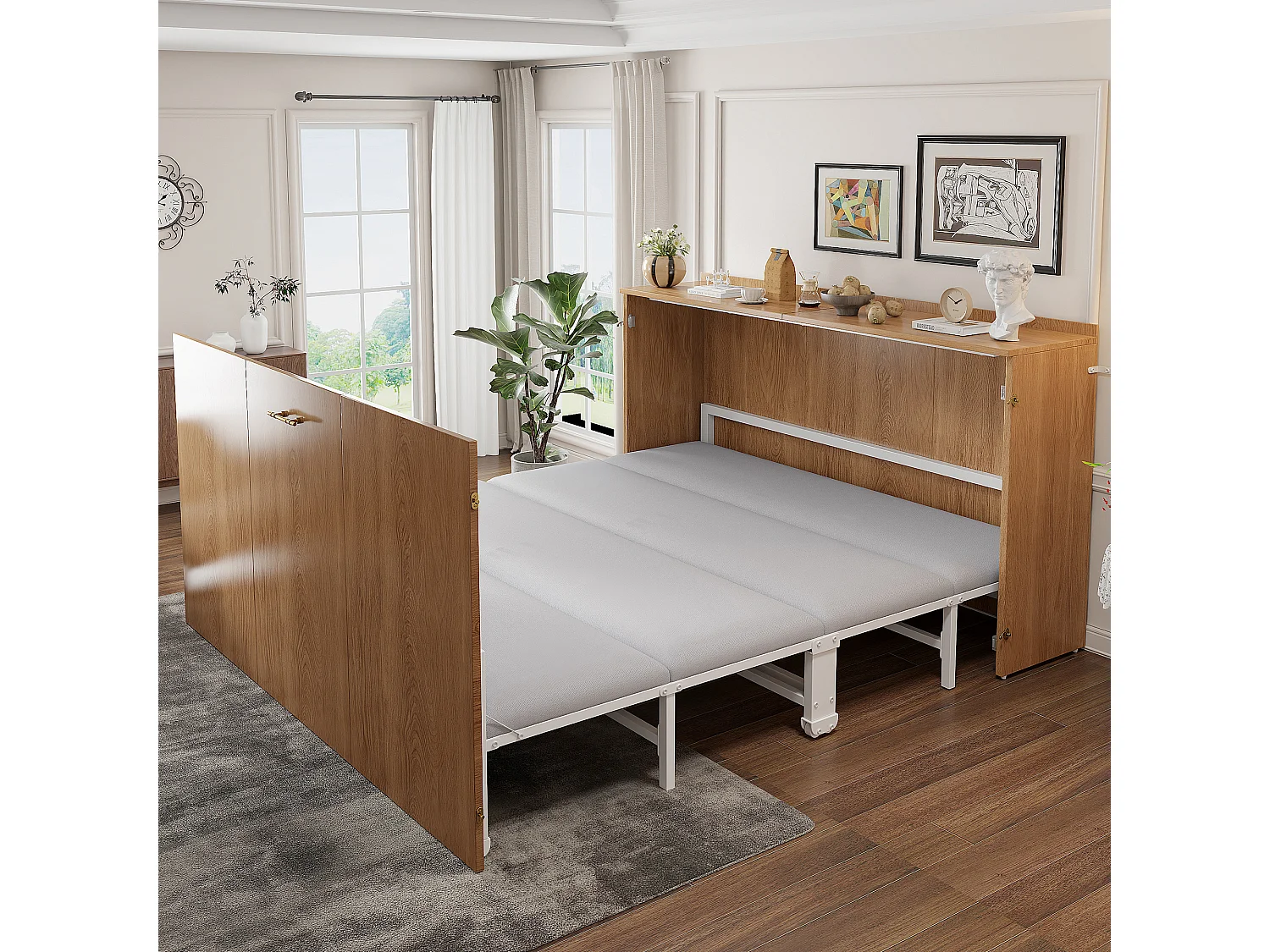 Lit escamotable avec structure en métal - 140 x 200 cm - cadre de lit avec matelas + roulettes - bois + métal - naturel（avec matelas)